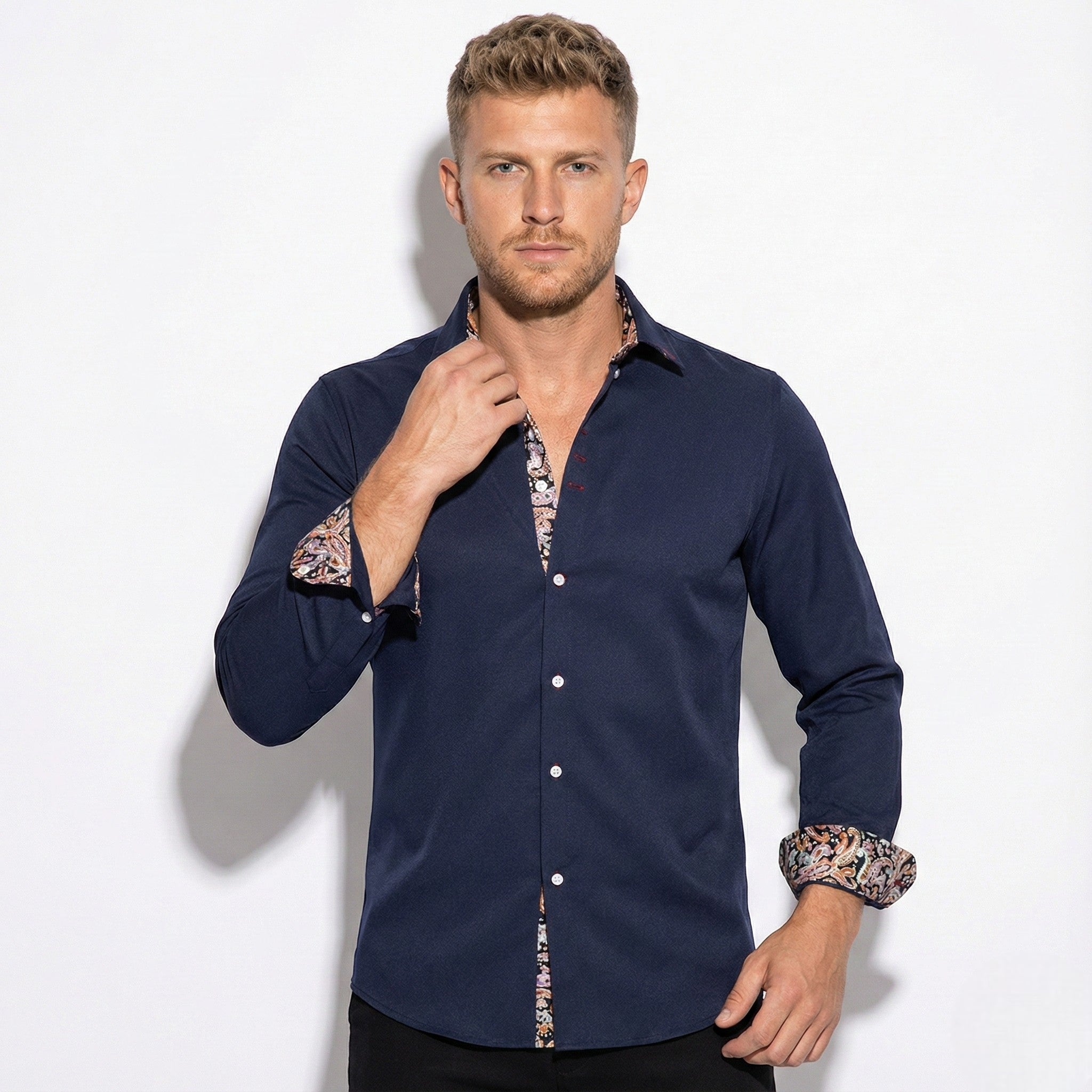 James - Men's Slim Fit Long Sleeve Shirt - Tops, T-shirts & Shirts - Navy Blue - Jones & Smith