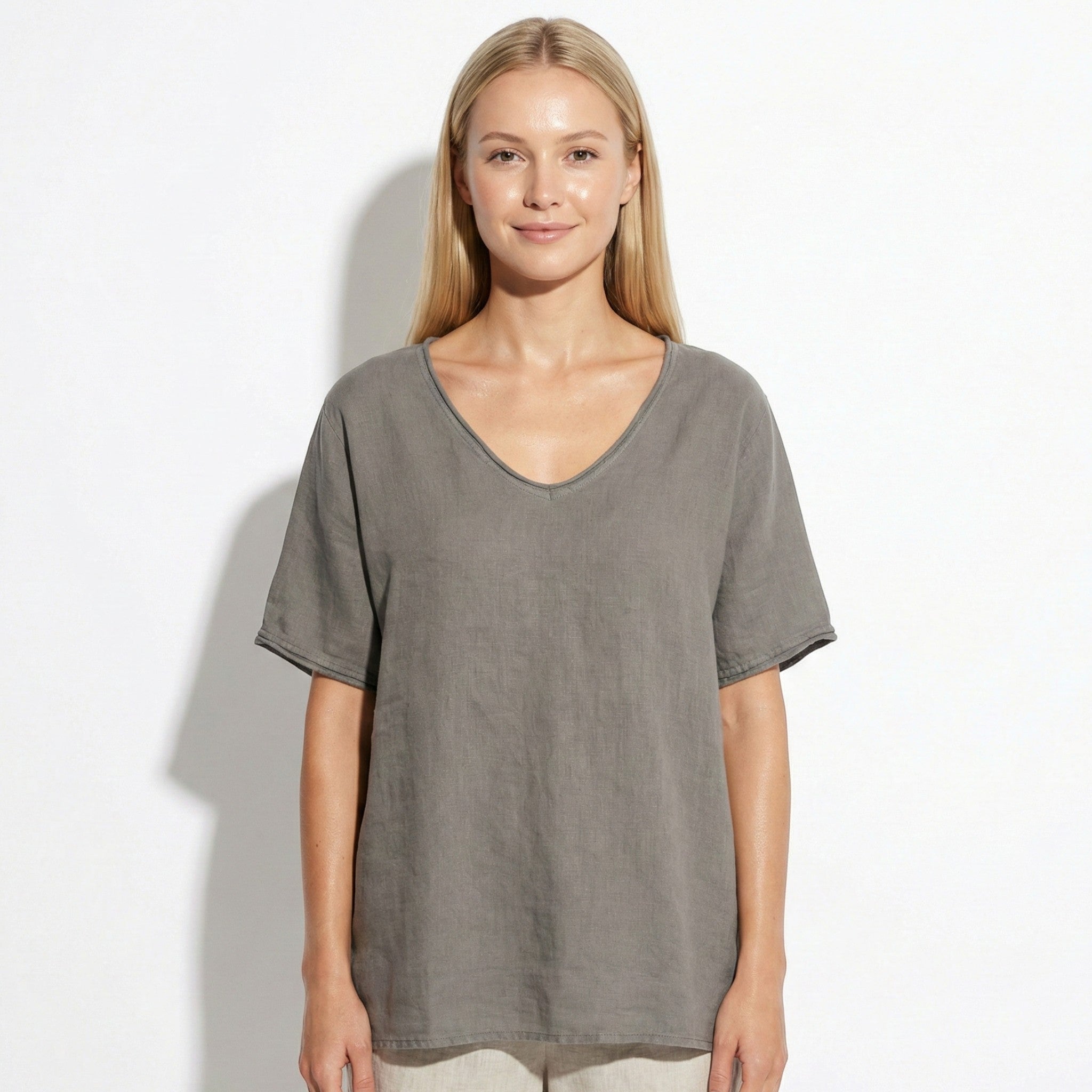 Jane - Women's Relaxed Short Sleeved V - Neck Blouse - Blouses - Dark Grey - Jones & Smith