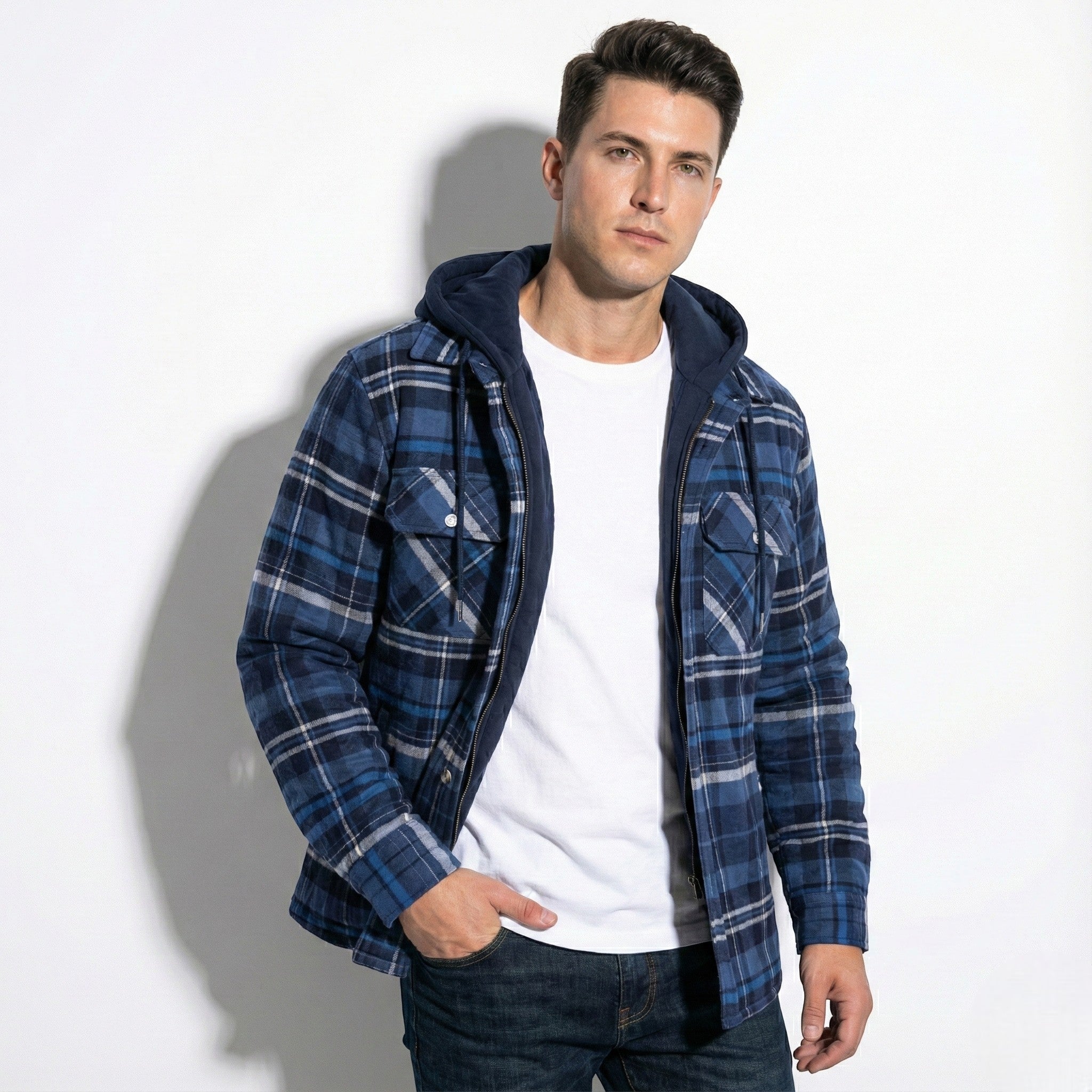 Jaxon – Men’s Cotton Hooded Check Jacket - Jackets - Dark Blue - Jones & Smith