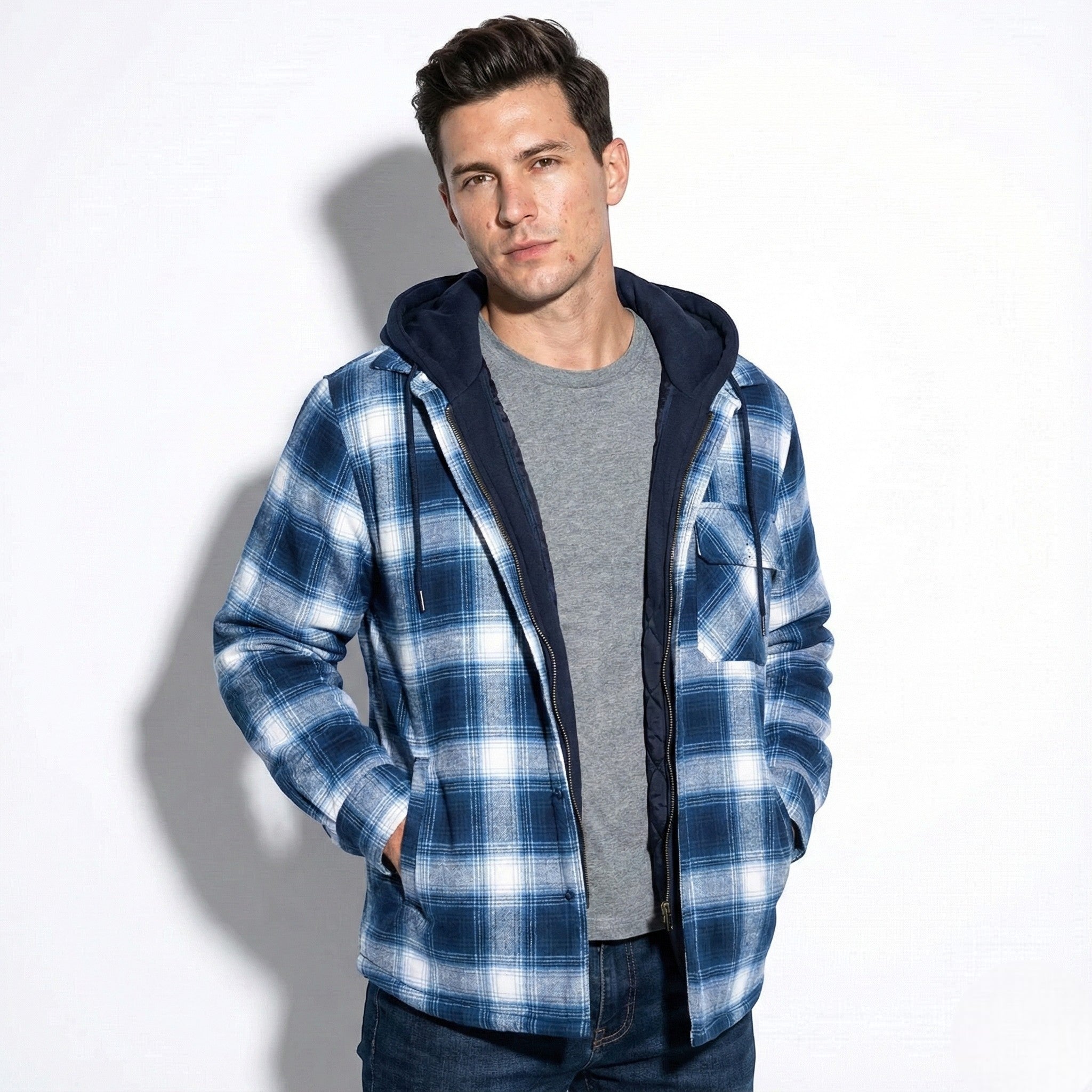 Jaxon – Men’s Cotton Hooded Check Jacket - Jackets - Light Blue - Jones & Smith