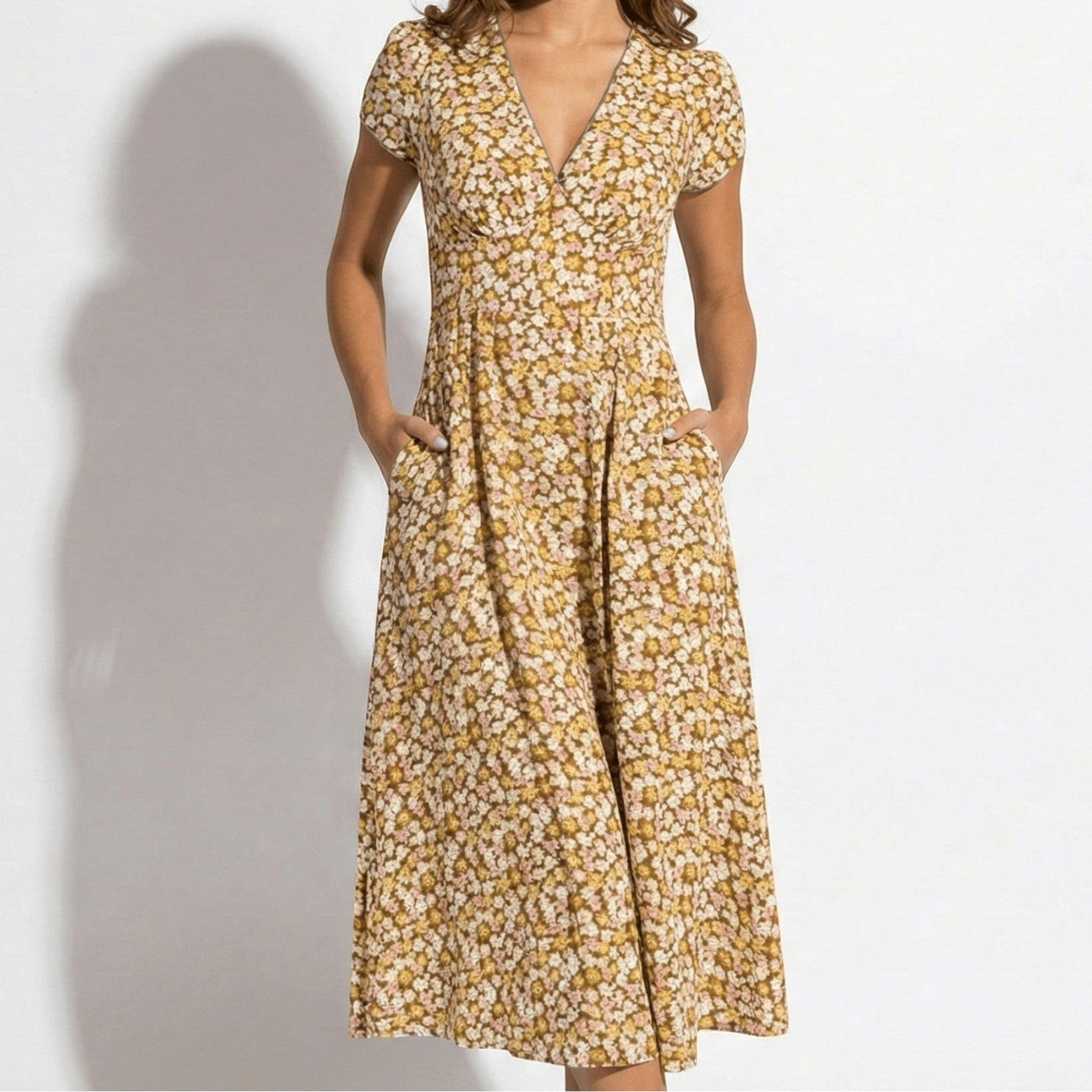 Joan - Women's Floral V - Neck Midi Dress with Pockets - Dresses - Yellow - Jones & Smith