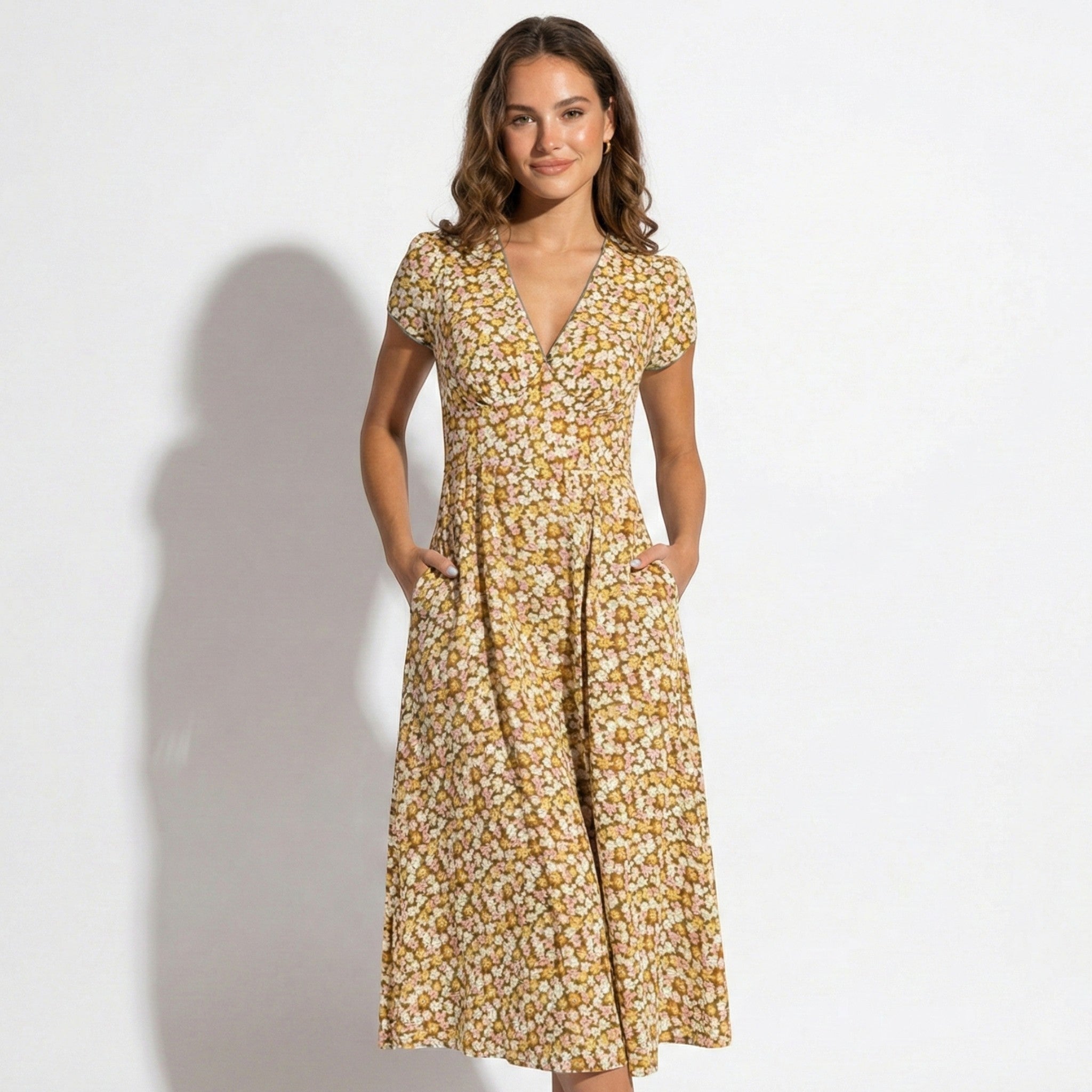 Joan - Women's Floral V - Neck Midi Dress with Pockets - Dresses - Yellow - Jones & Smith