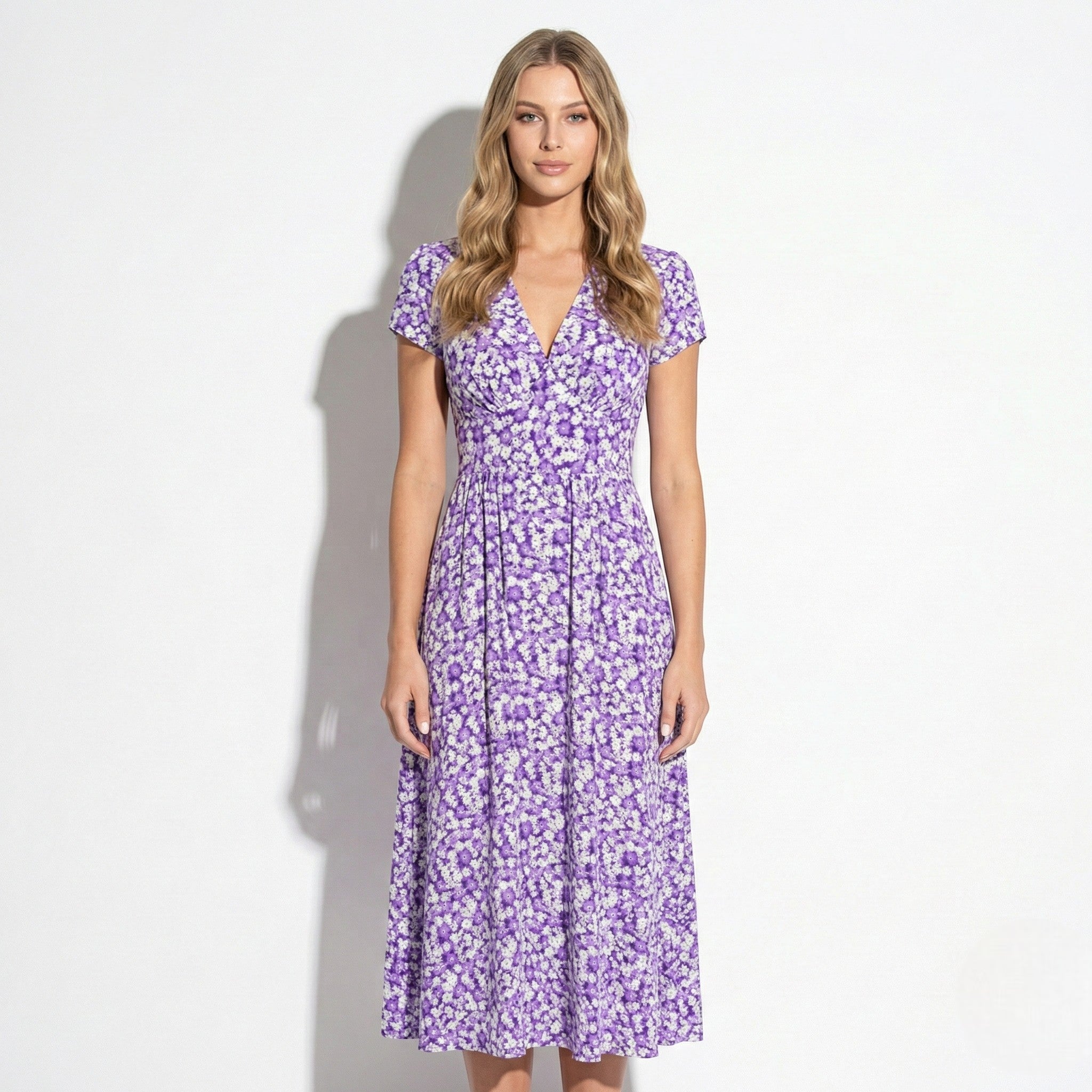 Joan - Women's Floral V - Neck Midi Dress with Pockets - Dresses - Purple - Jones & Smith