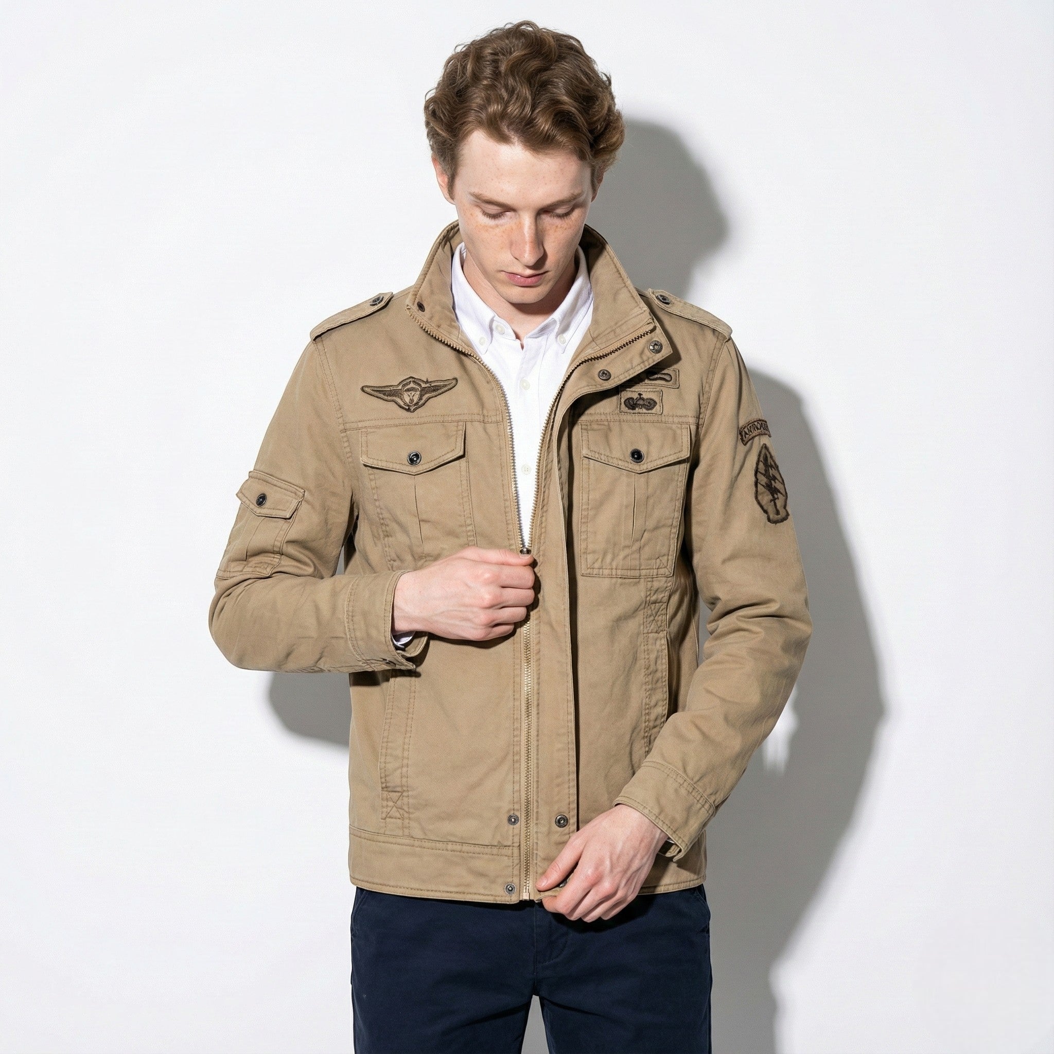 Joseph - Men's Military - Style Jacket with Stand Collar - Jackets & Coats - Beige - Jones & Smith