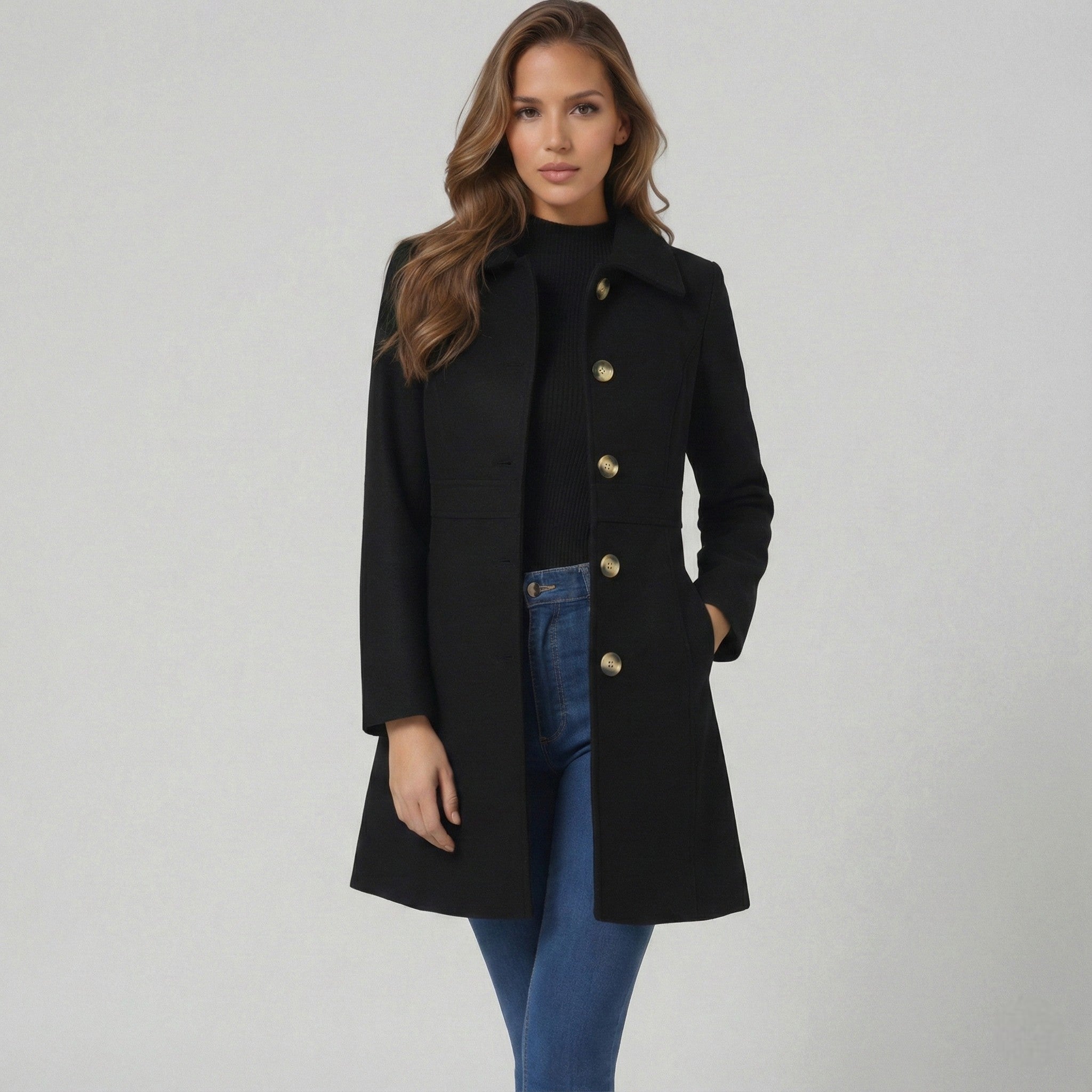Josephine – Women's Coat with Button Placket - Jacket - Black - Jones & Smith