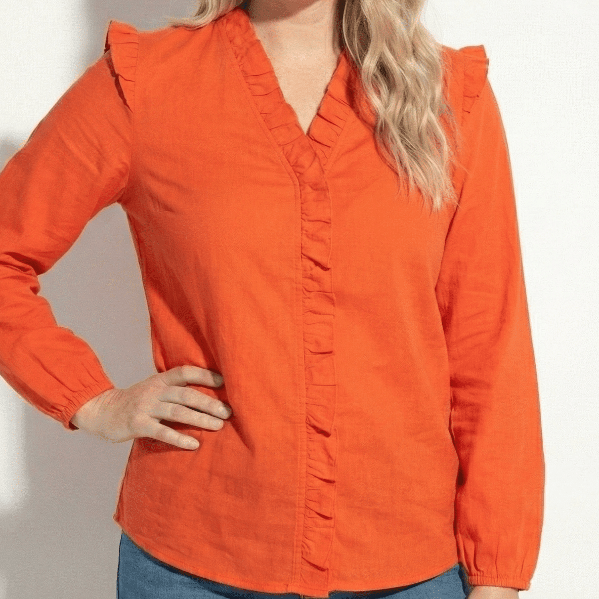 Lena – Women's Ruffled V - Neck Long - Sleeved Blouse - Blouses - Orange - Jones & Smith