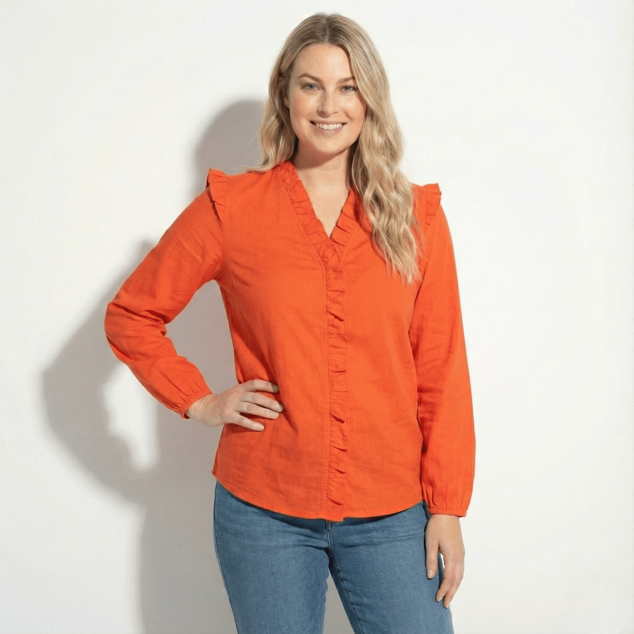 Lena – Women's Ruffled V - Neck Long - Sleeved Blouse - Blouses - Orange - Jones & Smith