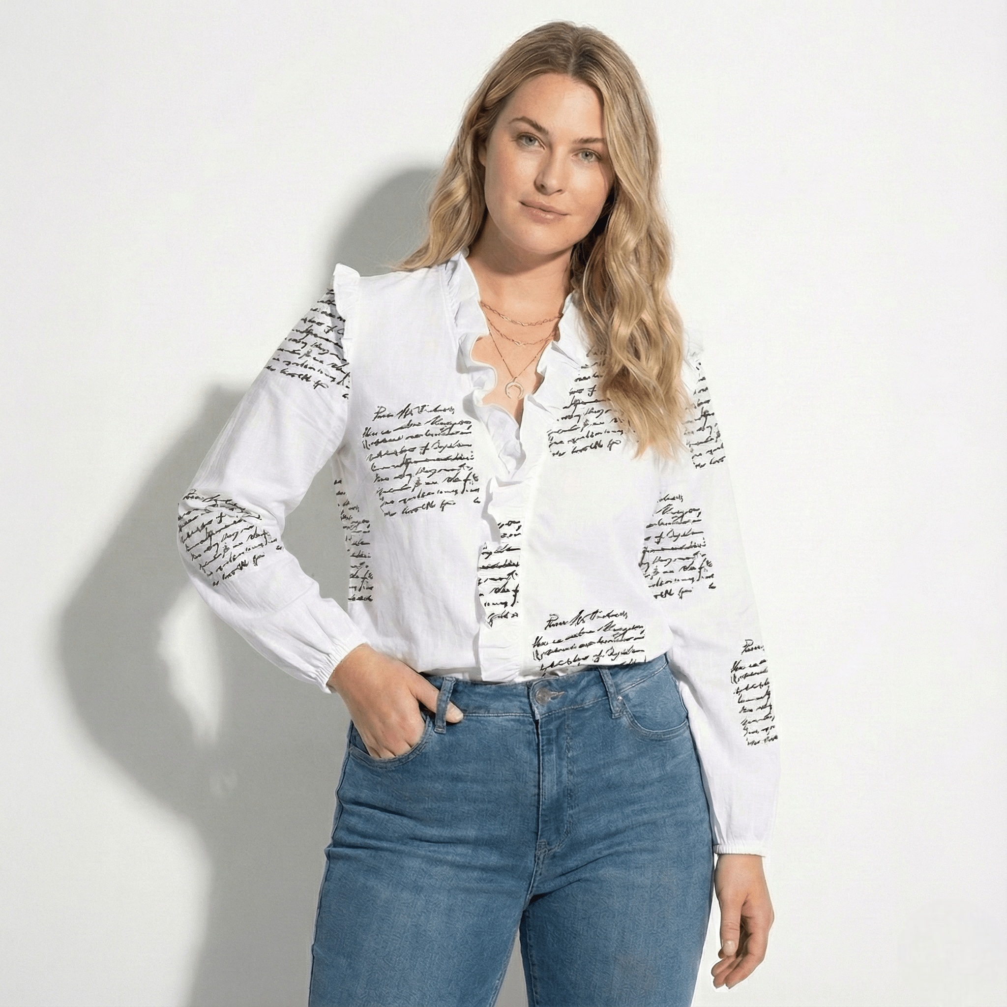 Lena – Women's Ruffled V - Neck Long - Sleeved Blouse - Blouses - Black - Jones & Smith