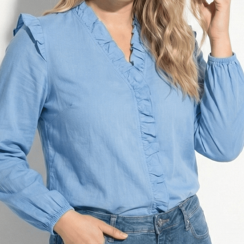 Lena – Women's Ruffled V - Neck Long - Sleeved Blouse - Blouses - Blue - Jones & Smith