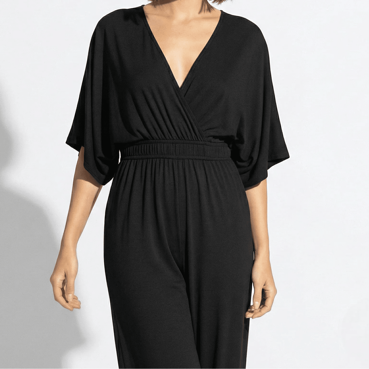 Lena - Women's V - neck Wrap Style Wide - Leg Jumpsuit - Jumpsuits - Black - Jones & Smith