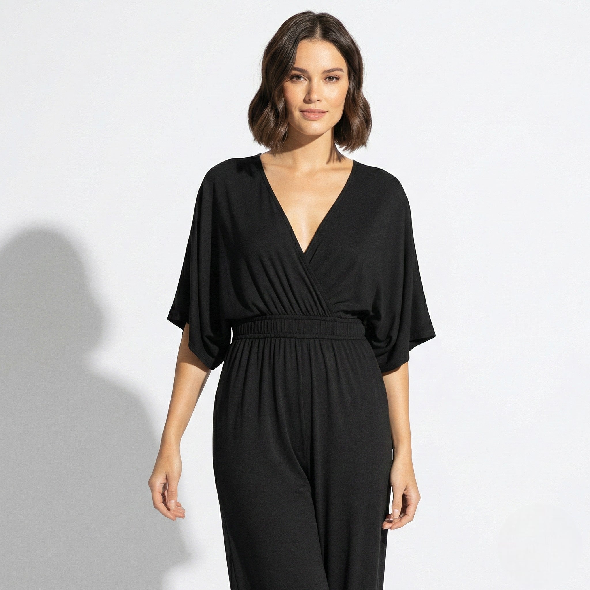 Lena - Women's V - neck Wrap Style Wide - Leg Jumpsuit - Jumpsuits - Black - Jones & Smith