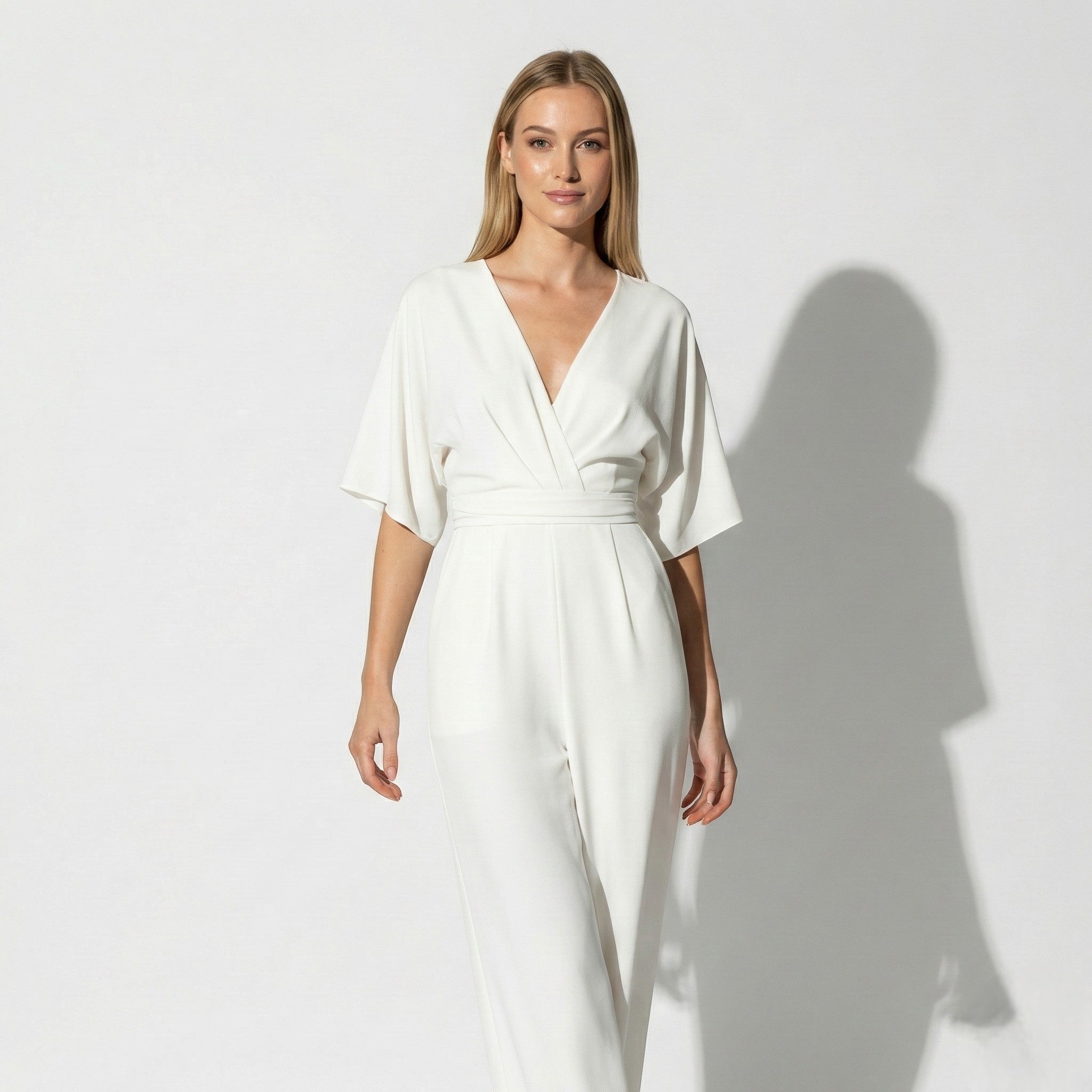 Lena - Women's V - neck Wrap Style Wide - Leg Jumpsuit - Jumpsuits - White - Jones & Smith