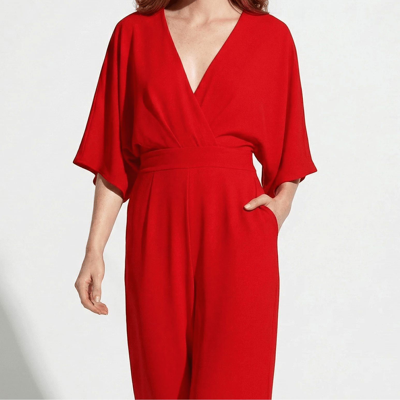 Lena - Women's V - neck Wrap Style Wide - Leg Jumpsuit - Jumpsuits - Red - Jones & Smith