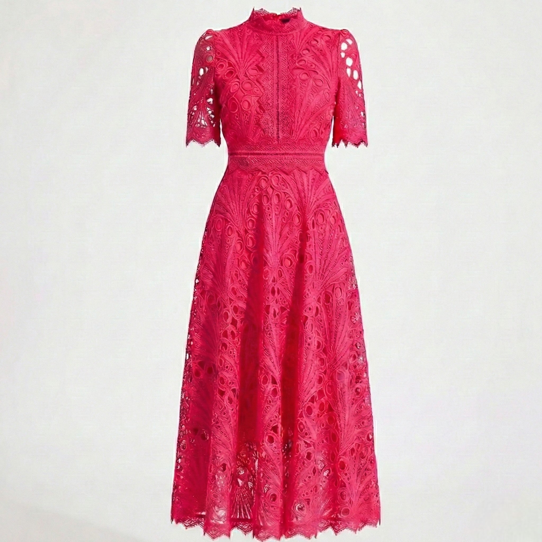 Lexi - Women's Lace Midi Dress with High Neck and Short Sleeves - Dresses - Pink - Jones & Smith