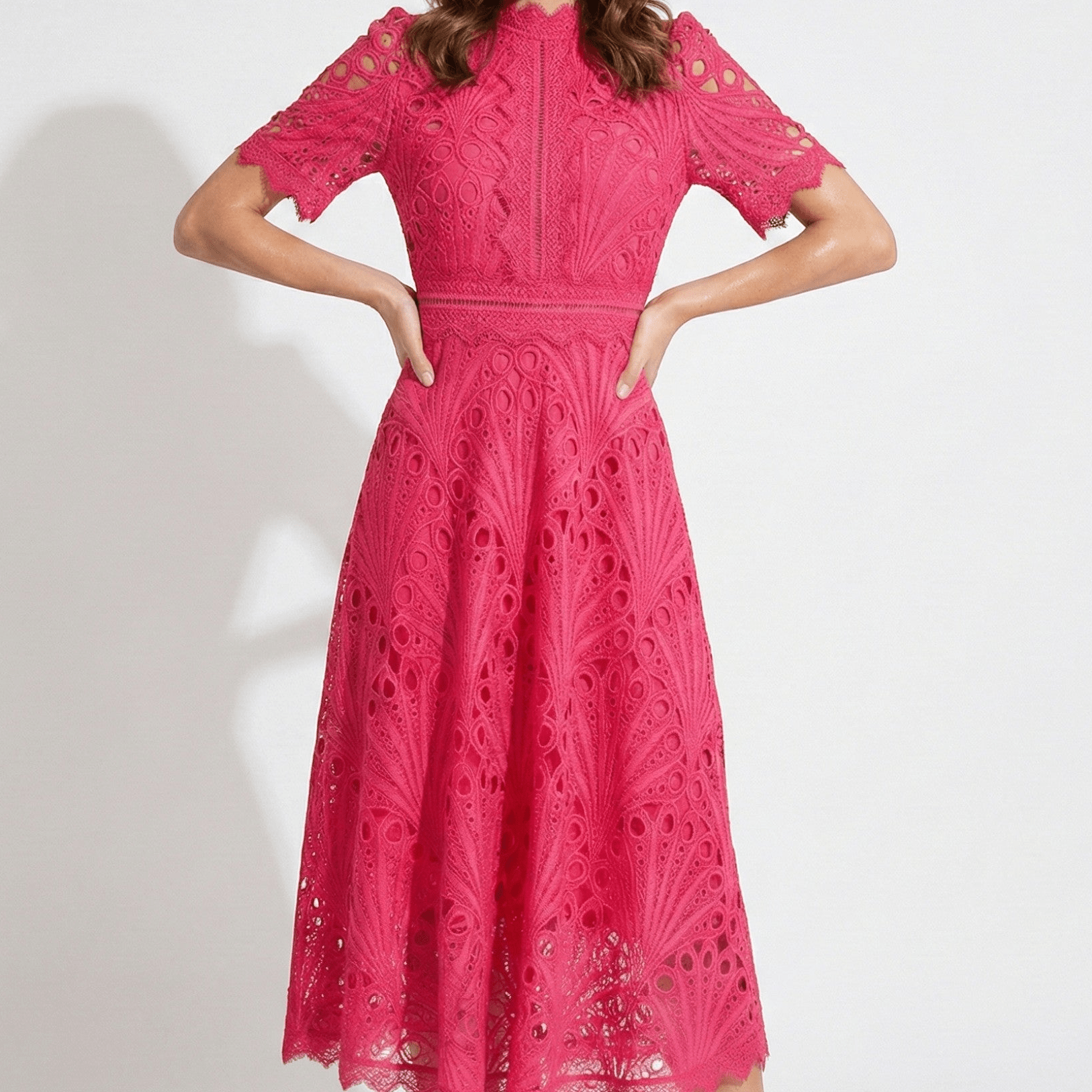 Lexi - Women's Lace Midi Dress with High Neck and Short Sleeves - Dresses - Pink - Jones & Smith