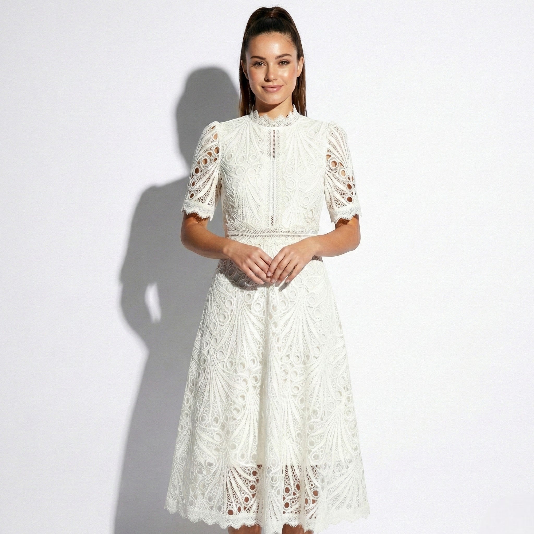 Lexi - Women's Lace Midi Dress with High Neck and Short Sleeves - Dresses - White - Jones & Smith