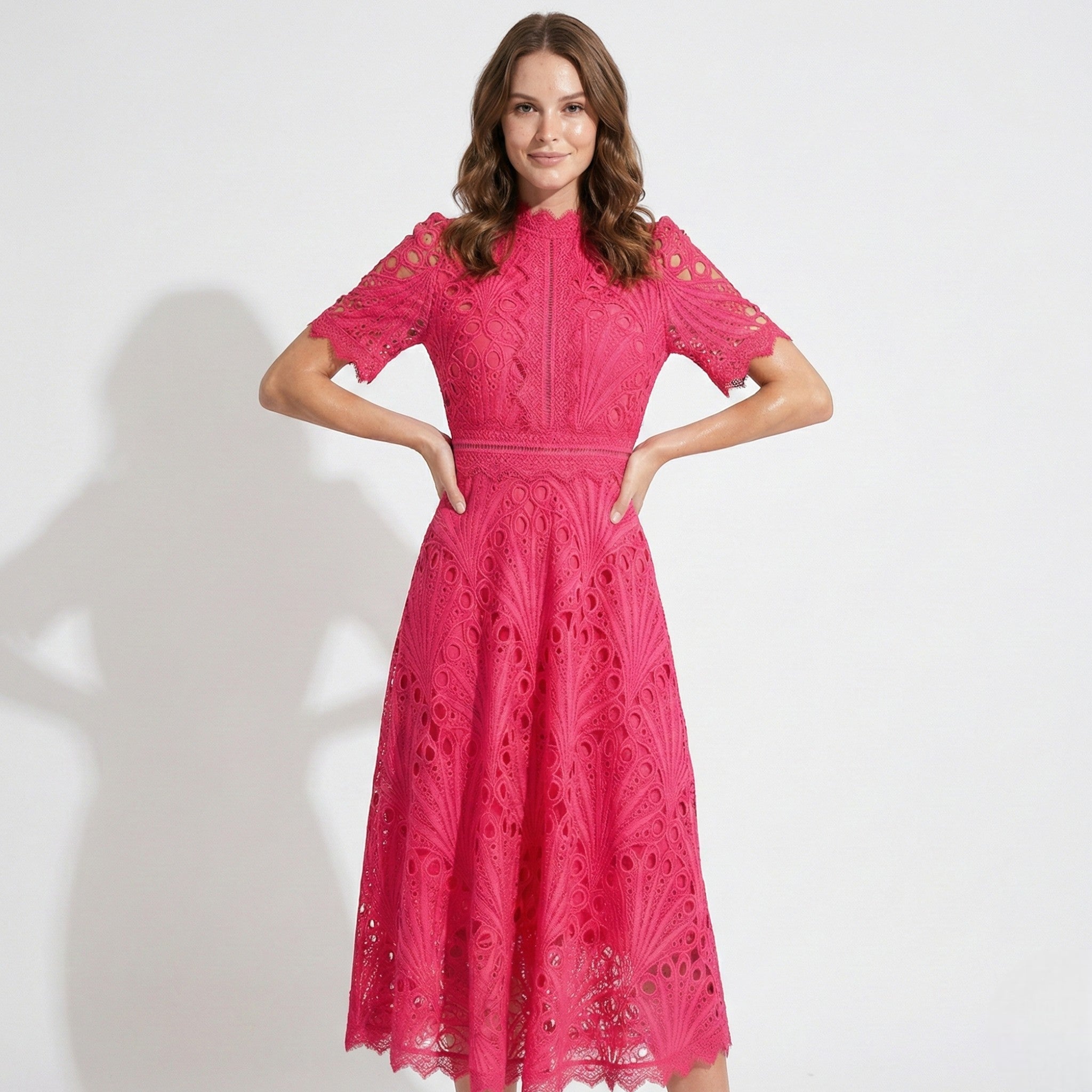Lexi - Women's Lace Midi Dress with High Neck and Short Sleeves - Dresses - Pink - Jones & Smith