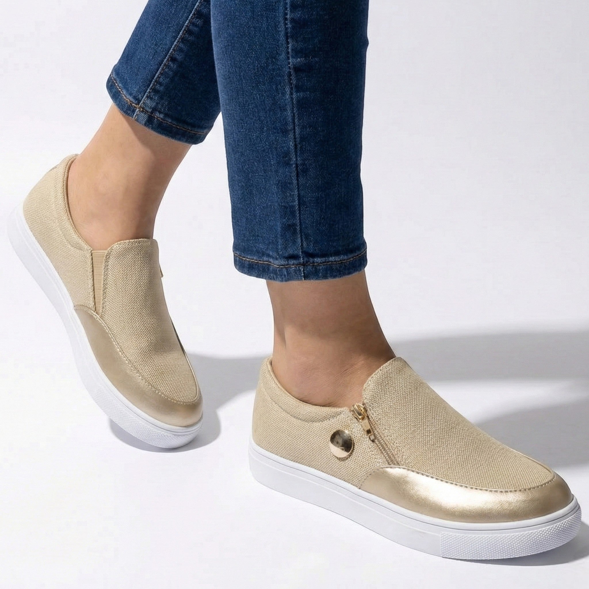 Liana - Women's Breathable Zip - Up Trainers with Textured Finish - Orthopedic shoes - Gold - Jones & Smith