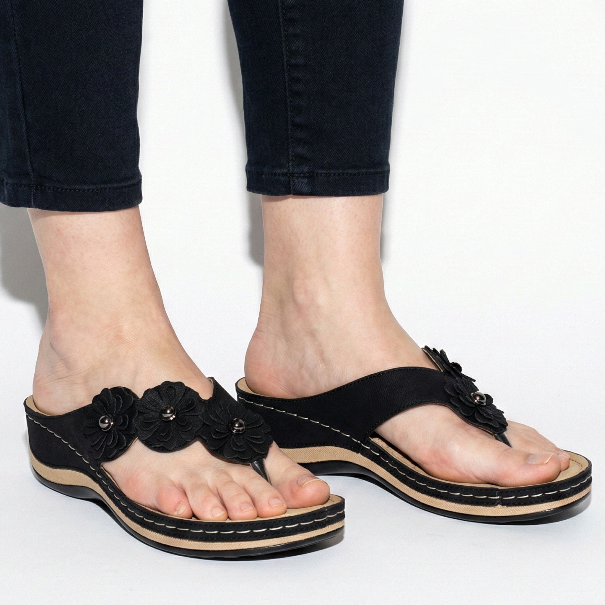 Liana - Women's Wedge Sandals with Floral Detail - Sandals - Black - Jones & Smith