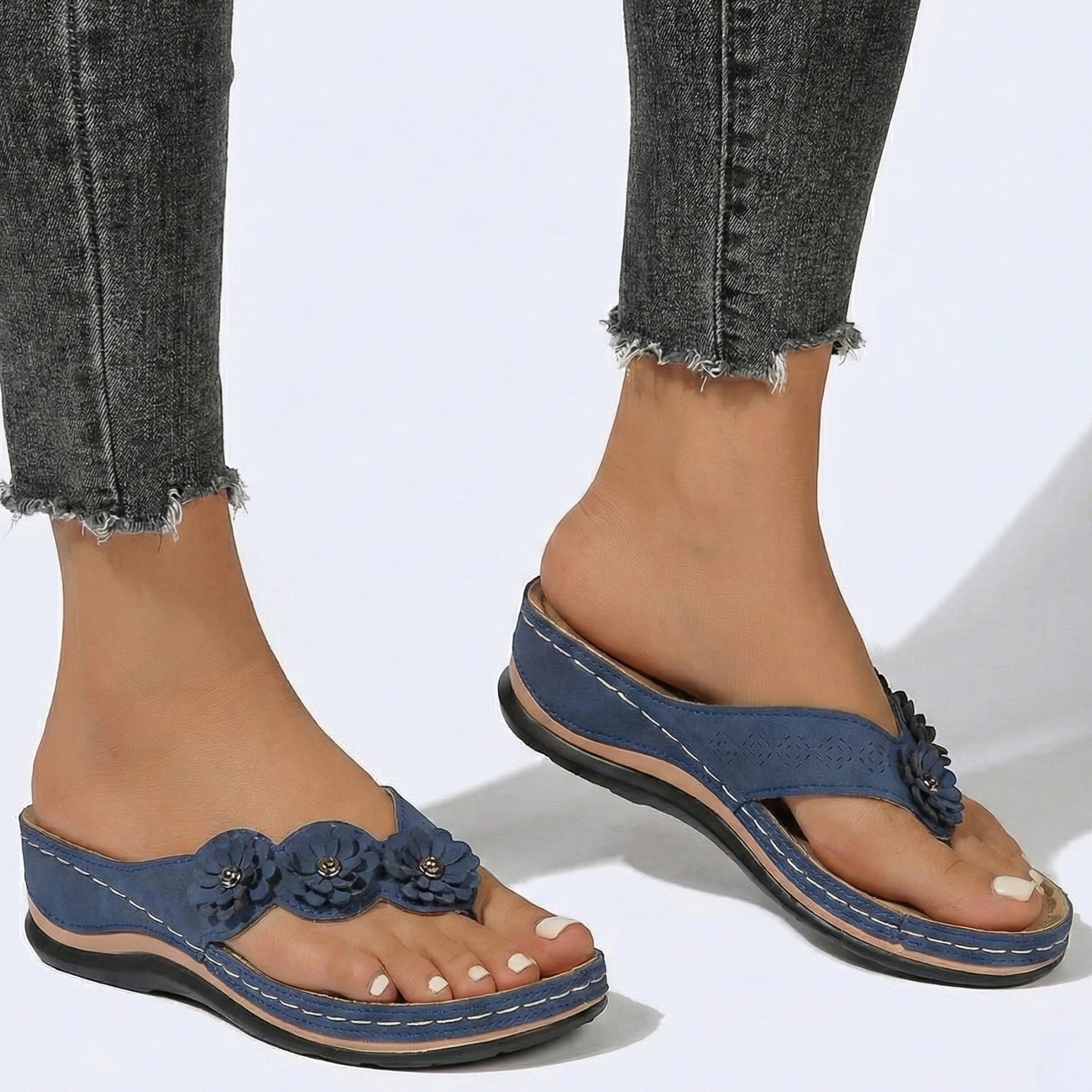 Liana - Women's Wedge Sandals with Floral Detail - Sandals - Blue - Jones & Smith