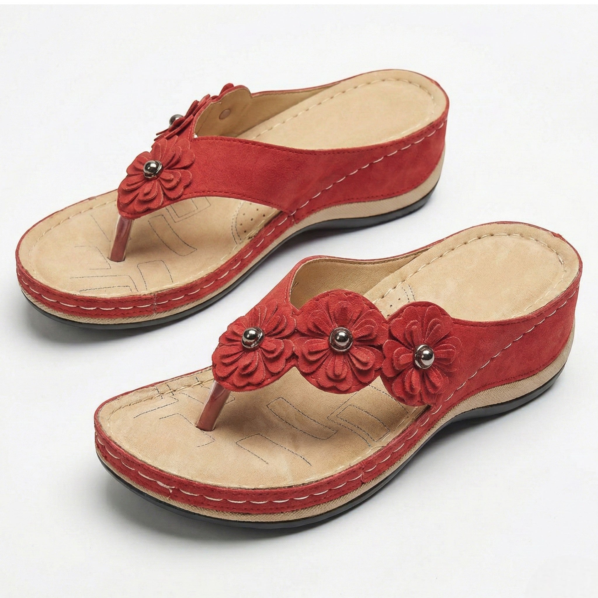 Liana - Women's Wedge Sandals with Floral Detail - Sandals - Red - Jones & Smith