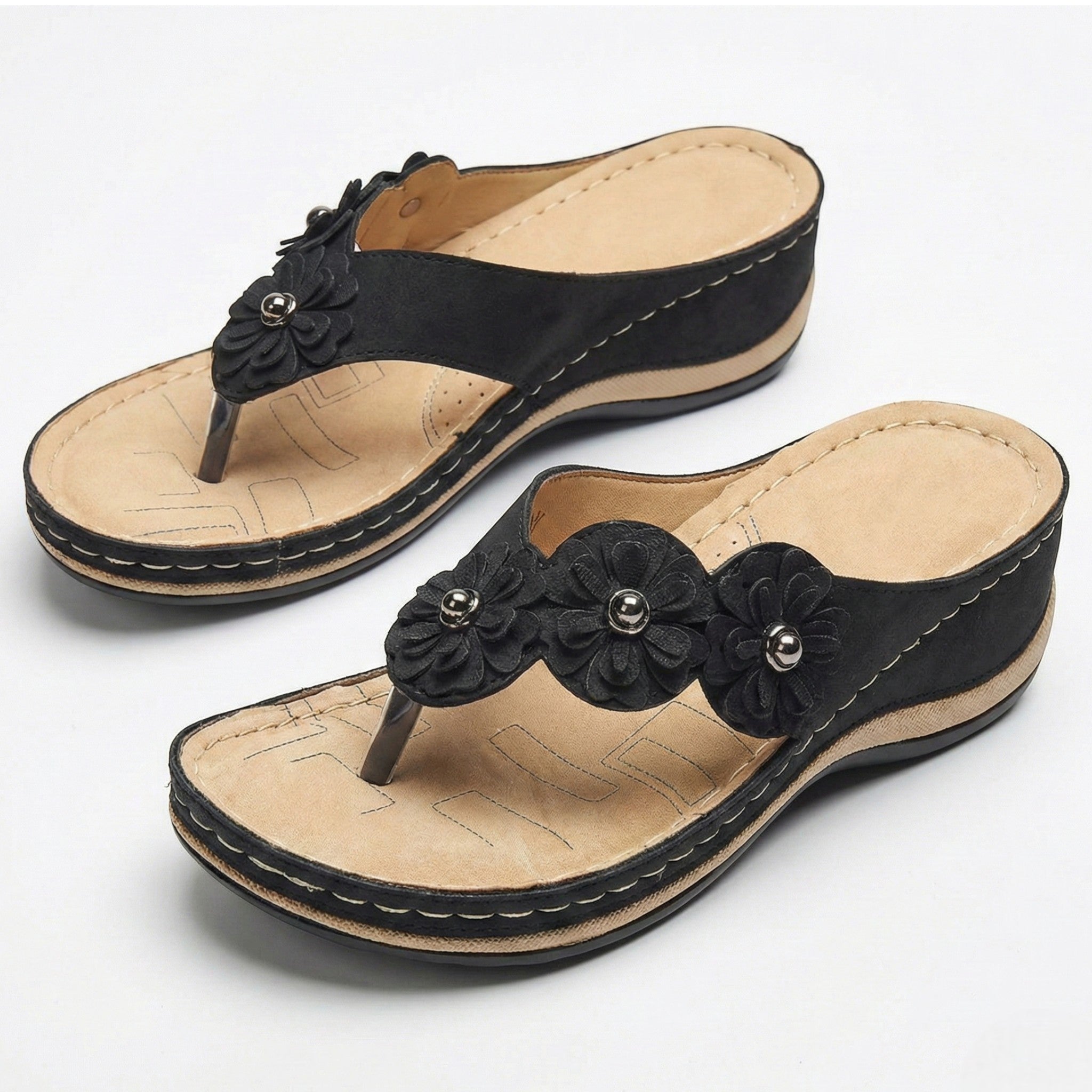 Liana - Women's Wedge Sandals with Floral Detail - Sandals - Black - Jones & Smith