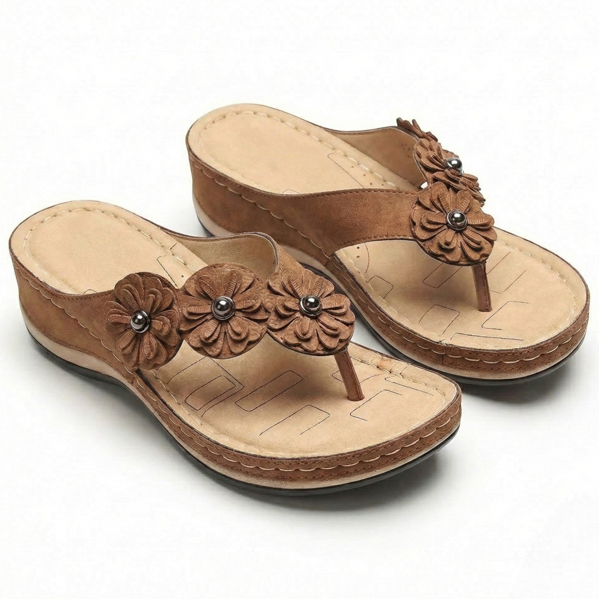Liana - Women's Wedge Sandals with Floral Detail - Sandals - Brown - Jones & Smith