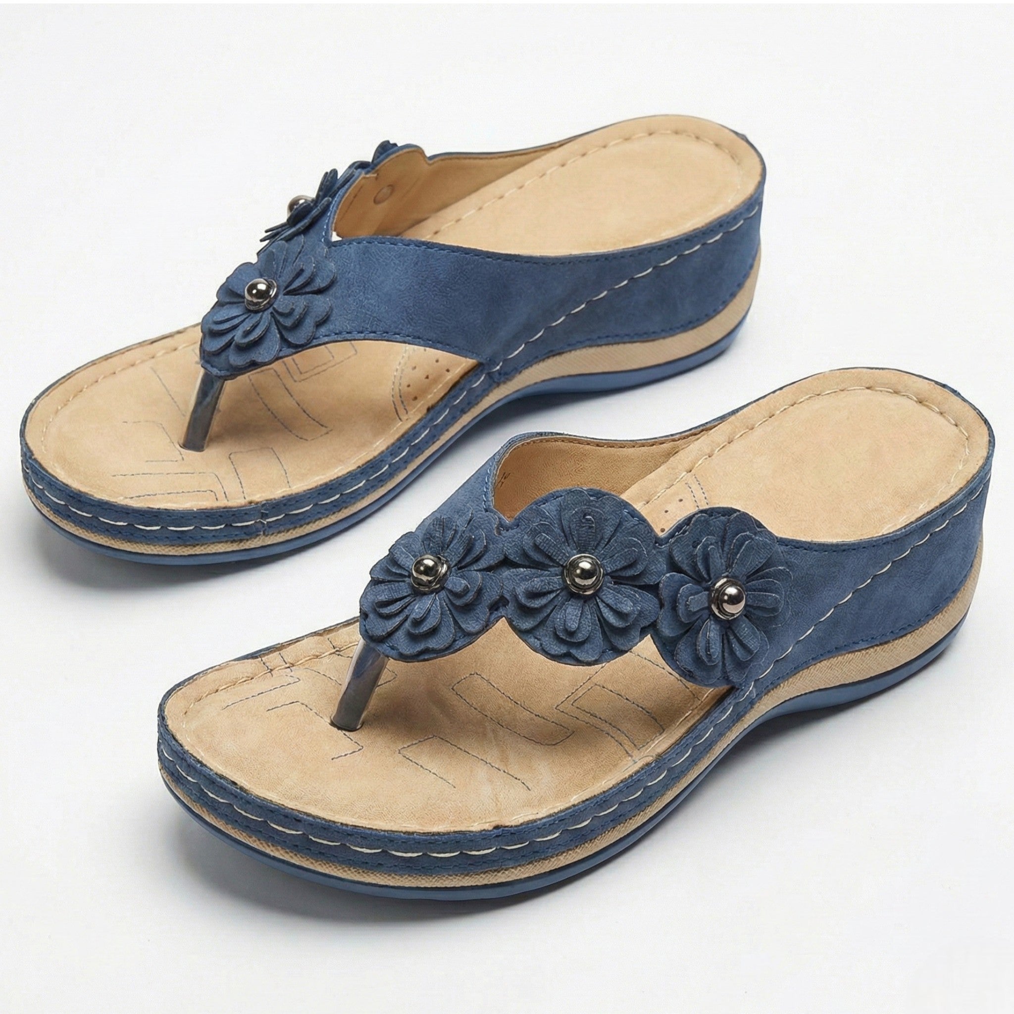 Liana - Women's Wedge Sandals with Floral Detail - Sandals - Blue - Jones & Smith