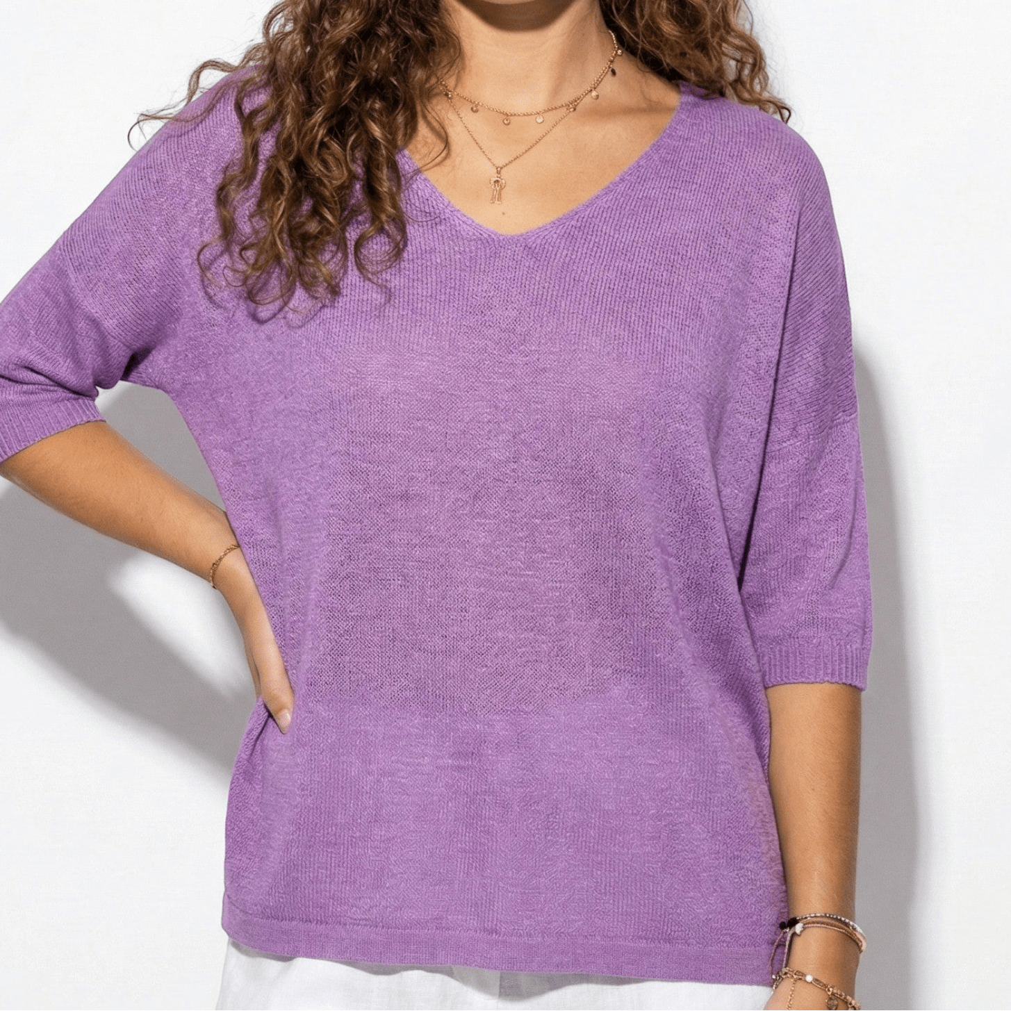 Lily - Women's Lightweight V - Neck Knitted Top with Relaxed Fit - Women Sweaters - Purple - Jones & Smith