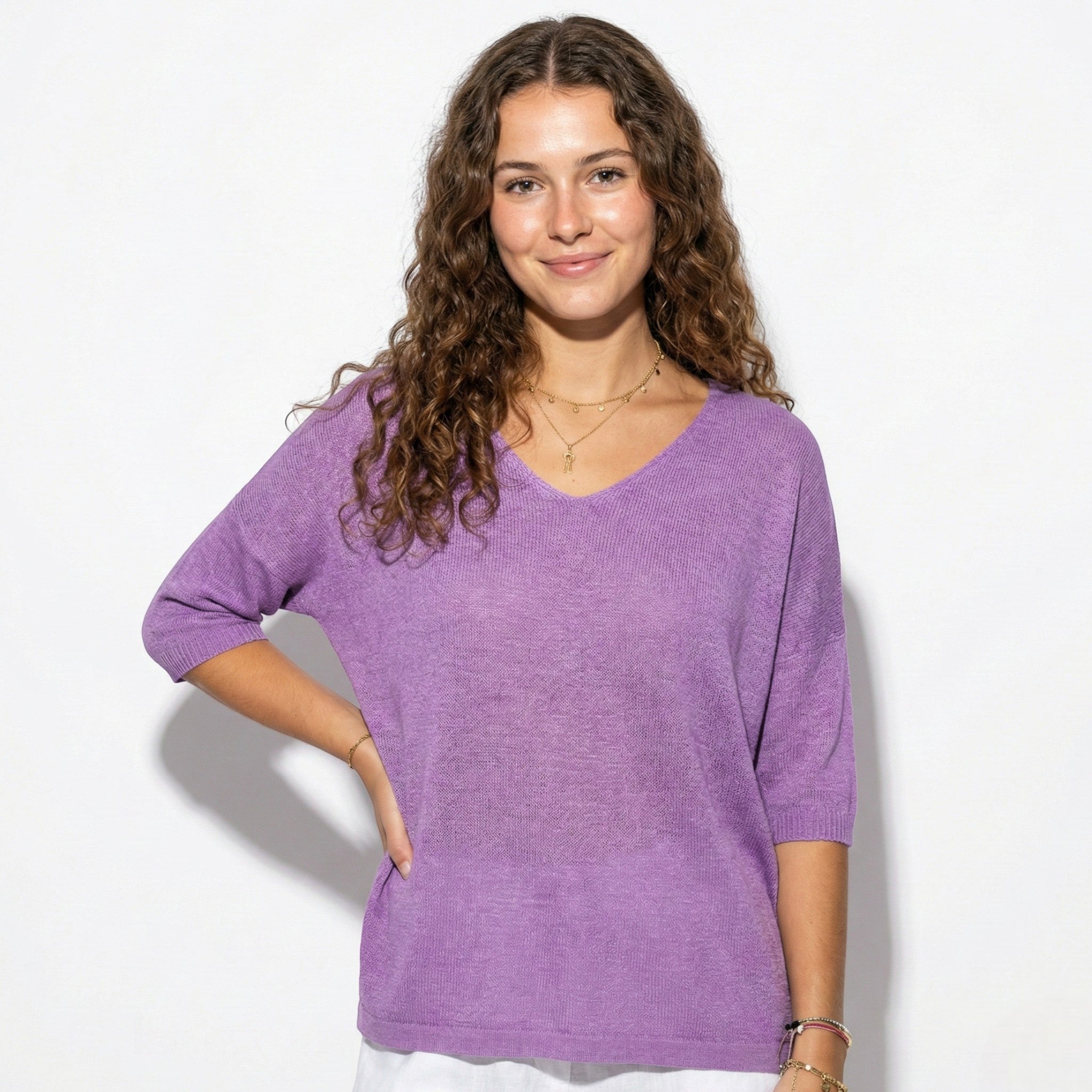 Lily - Women's Lightweight V - Neck Knitted Top with Relaxed Fit - Women Sweaters - Purple - Jones & Smith