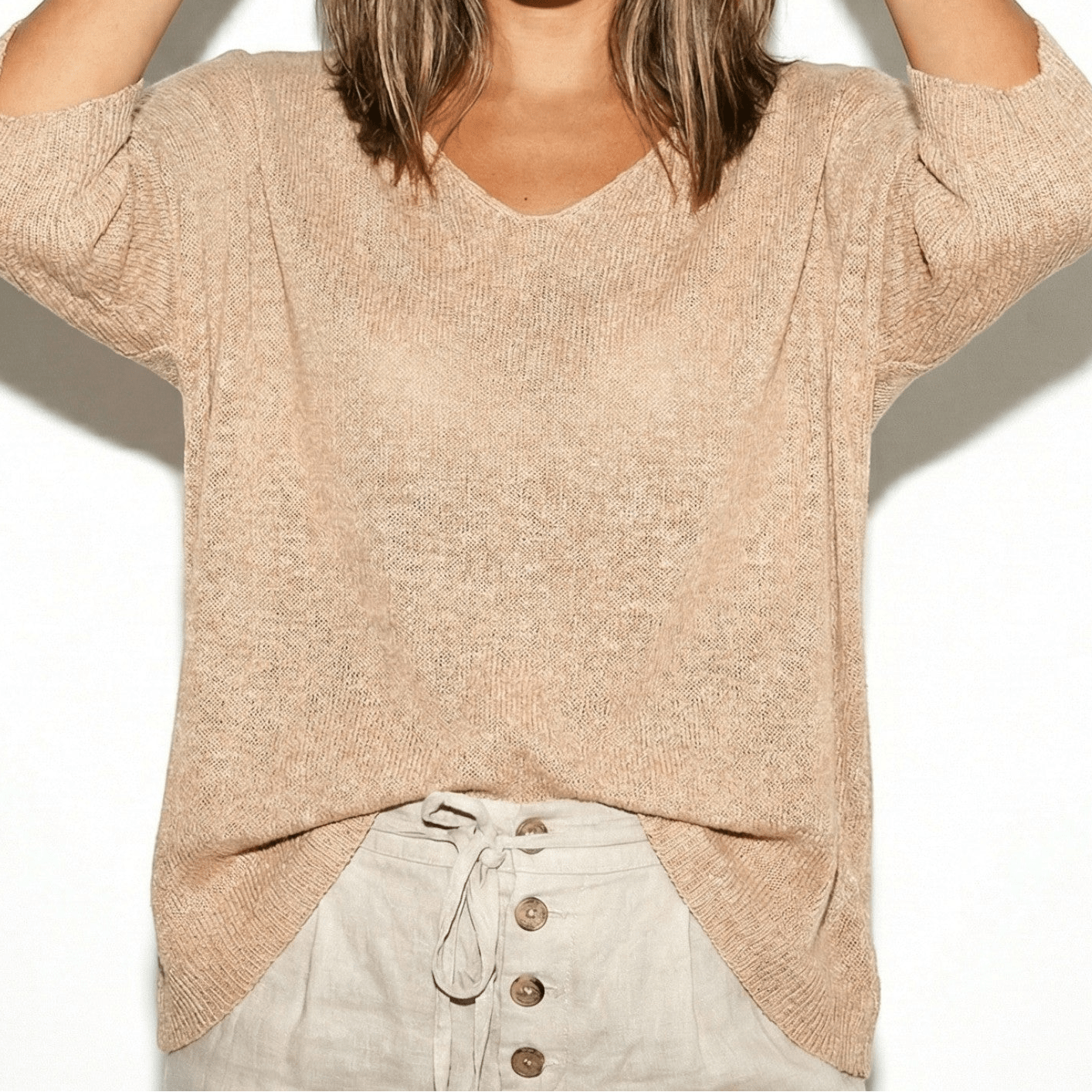 Lily - Women's Lightweight V - Neck Knitted Top with Relaxed Fit - Women Sweaters - Apricot - Jones & Smith