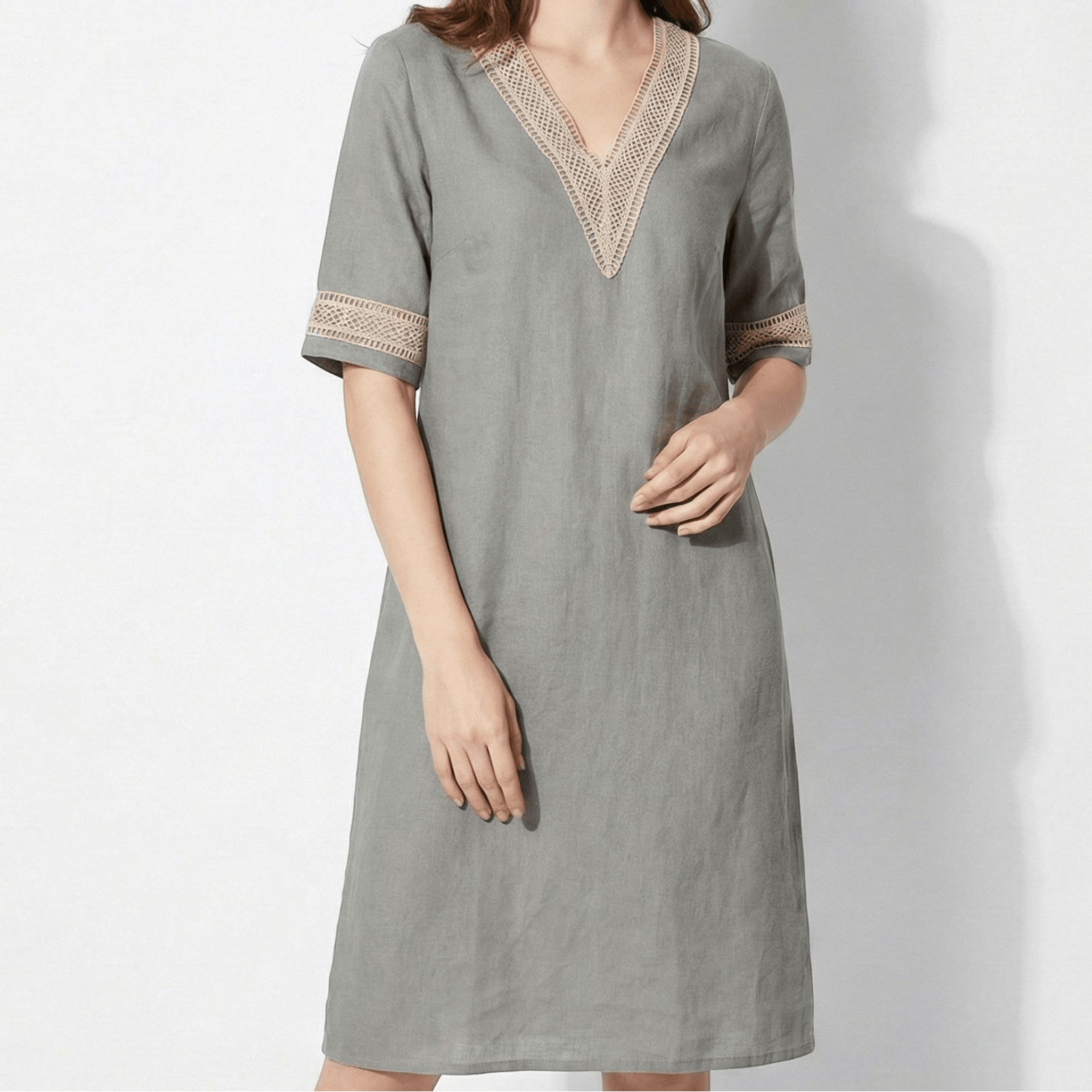 Lily - Women's Mini Dress with Crochet Trim - Dress - Khaki - Jones & Smith