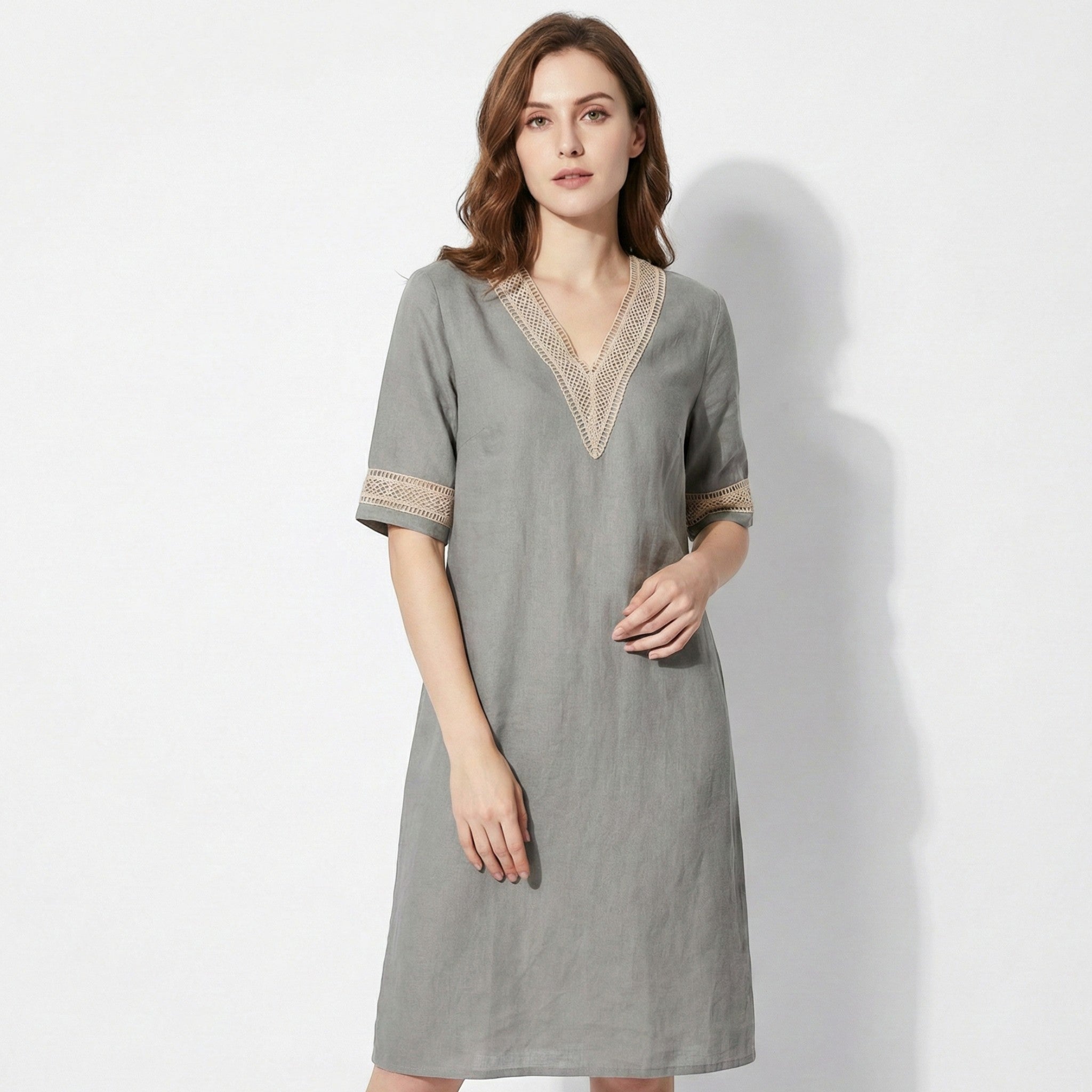 Lily - Women's Mini Dress with Crochet Trim - Dress - Khaki - Jones & Smith