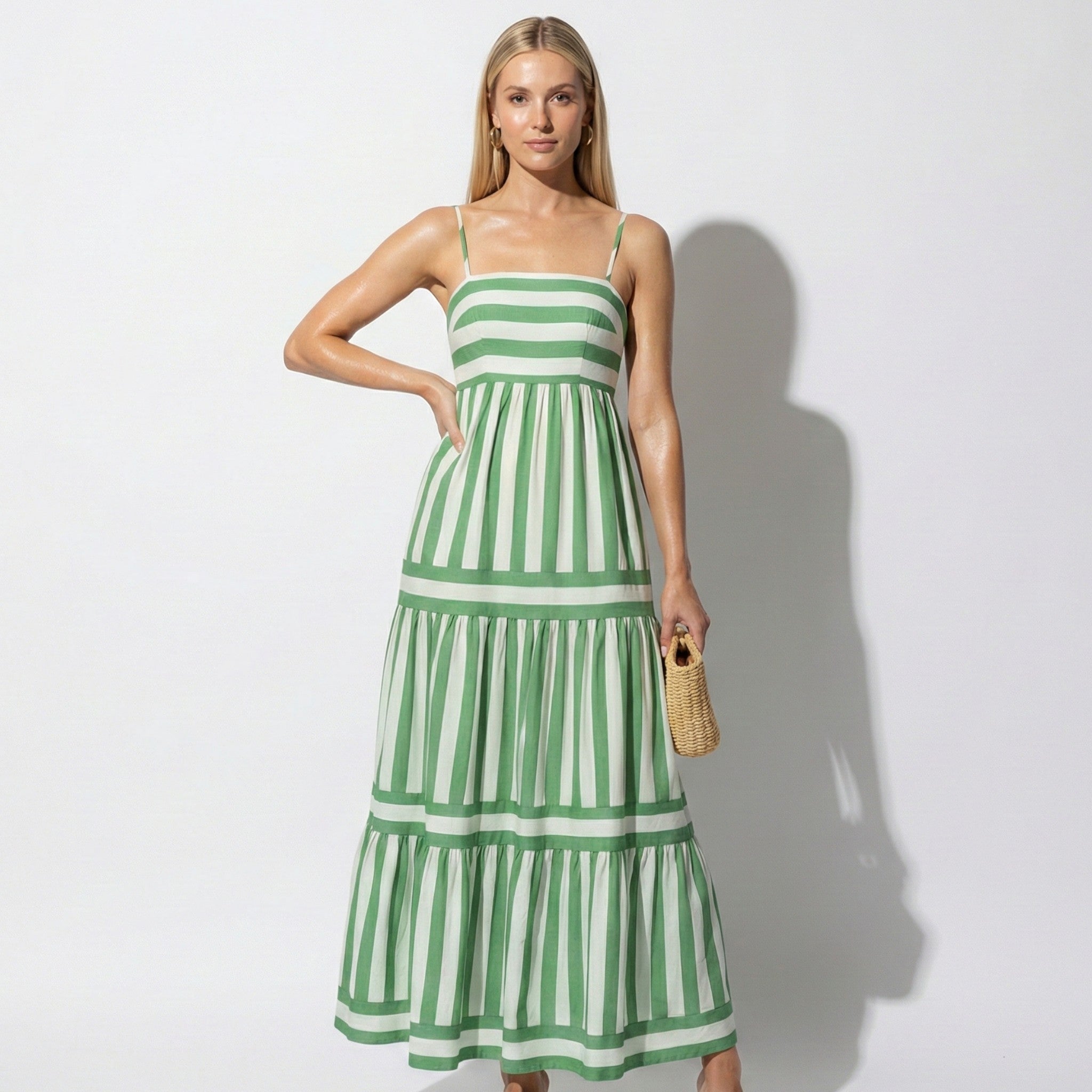 Lily - Women's Striped Tiered Maxi Dress with Spaghetti Straps - Dresses - Green - Jones & Smith