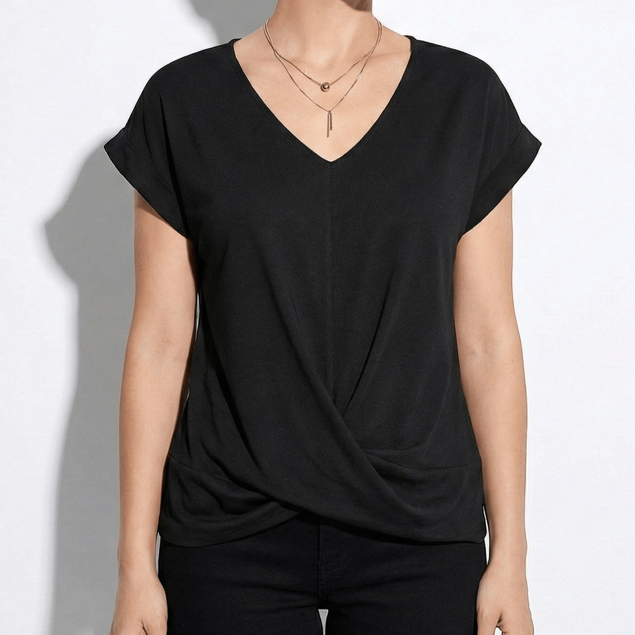 Lily - Women's V - Neck T-Shirt with Twisted Hem - Blouses - Black - Jones & Smith
