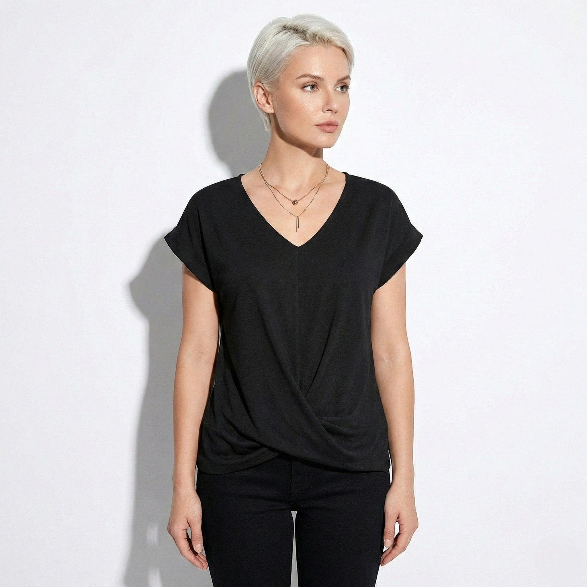 Lily - Women's V - Neck T-Shirt with Twisted Hem - Blouses - Black - Jones & Smith