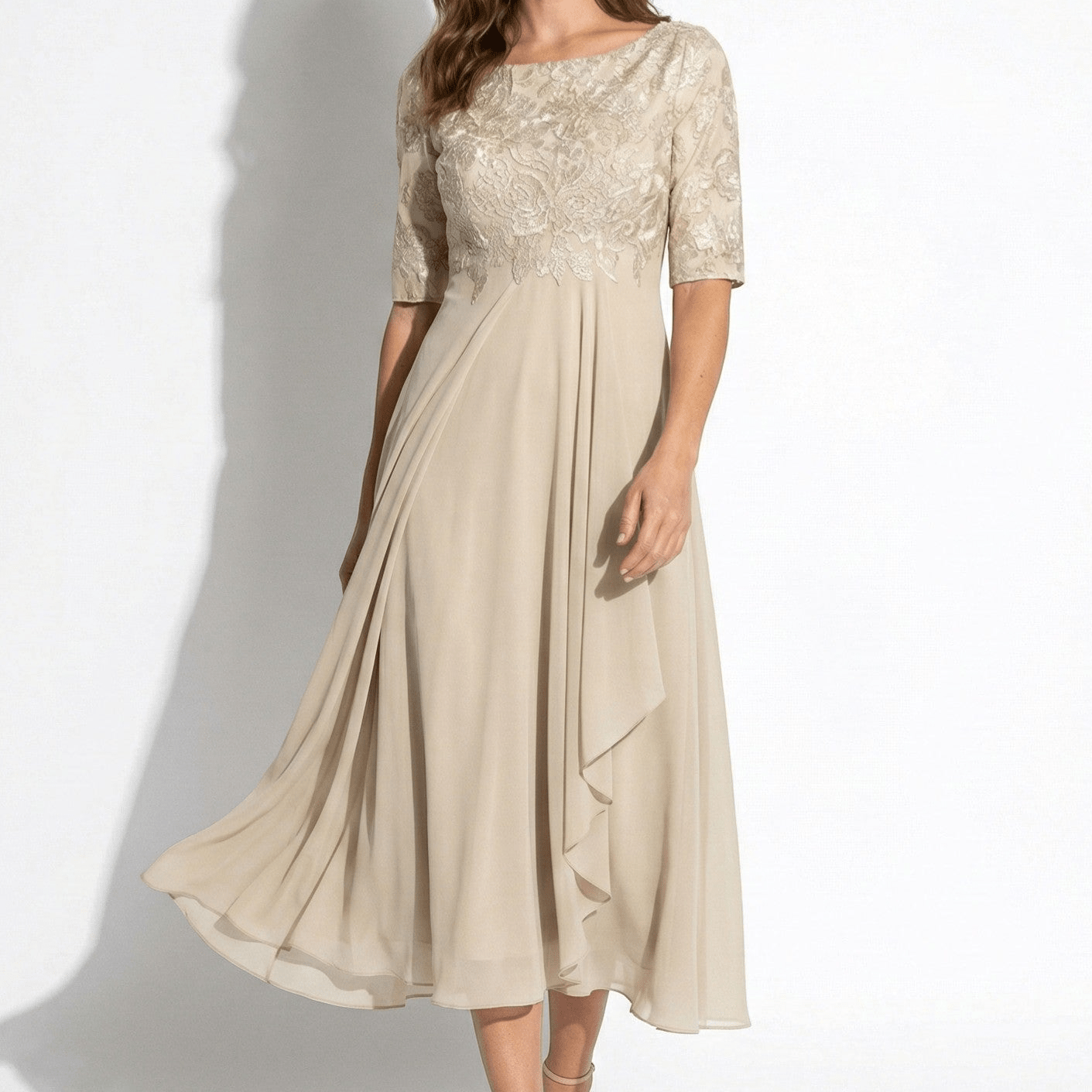 Louisa - Women's Lace and Chiffon Midi Dress - Dress - Light Yellow - Jones & Smith