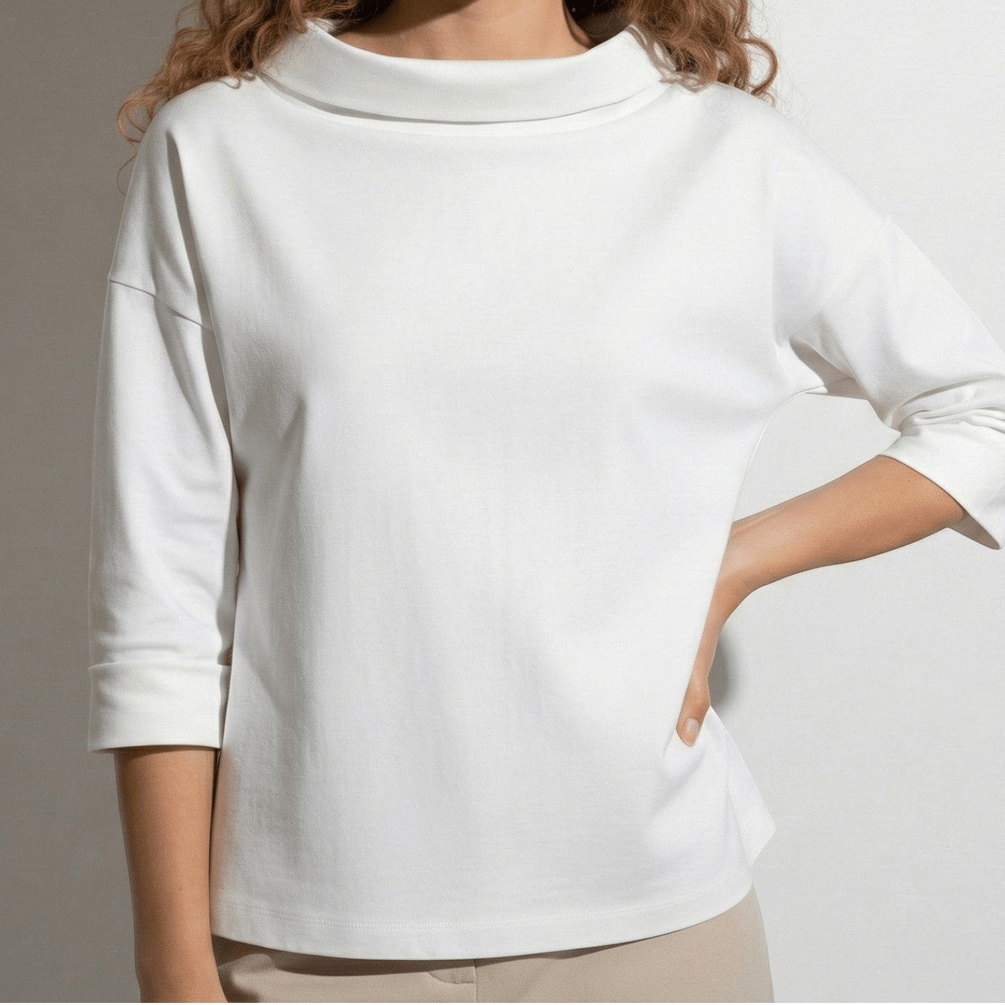 Louise - Women’s Boat Neck Top with Rolled Collar - Women Top - White - Jones & Smith