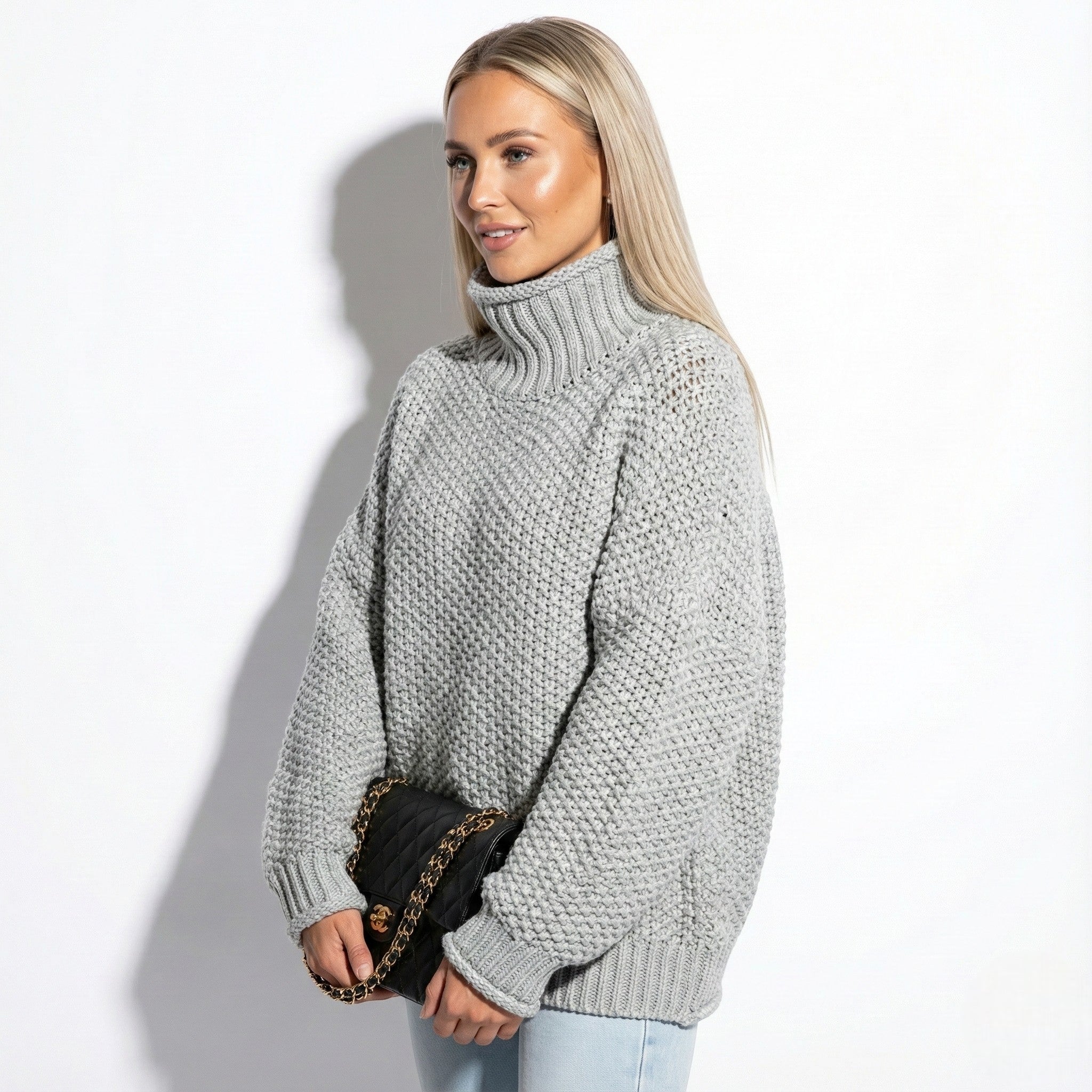 Maelle – Women’s Wool Turtleneck Jumper in Chunky Knit - Sweater - Grey - Jones & Smith