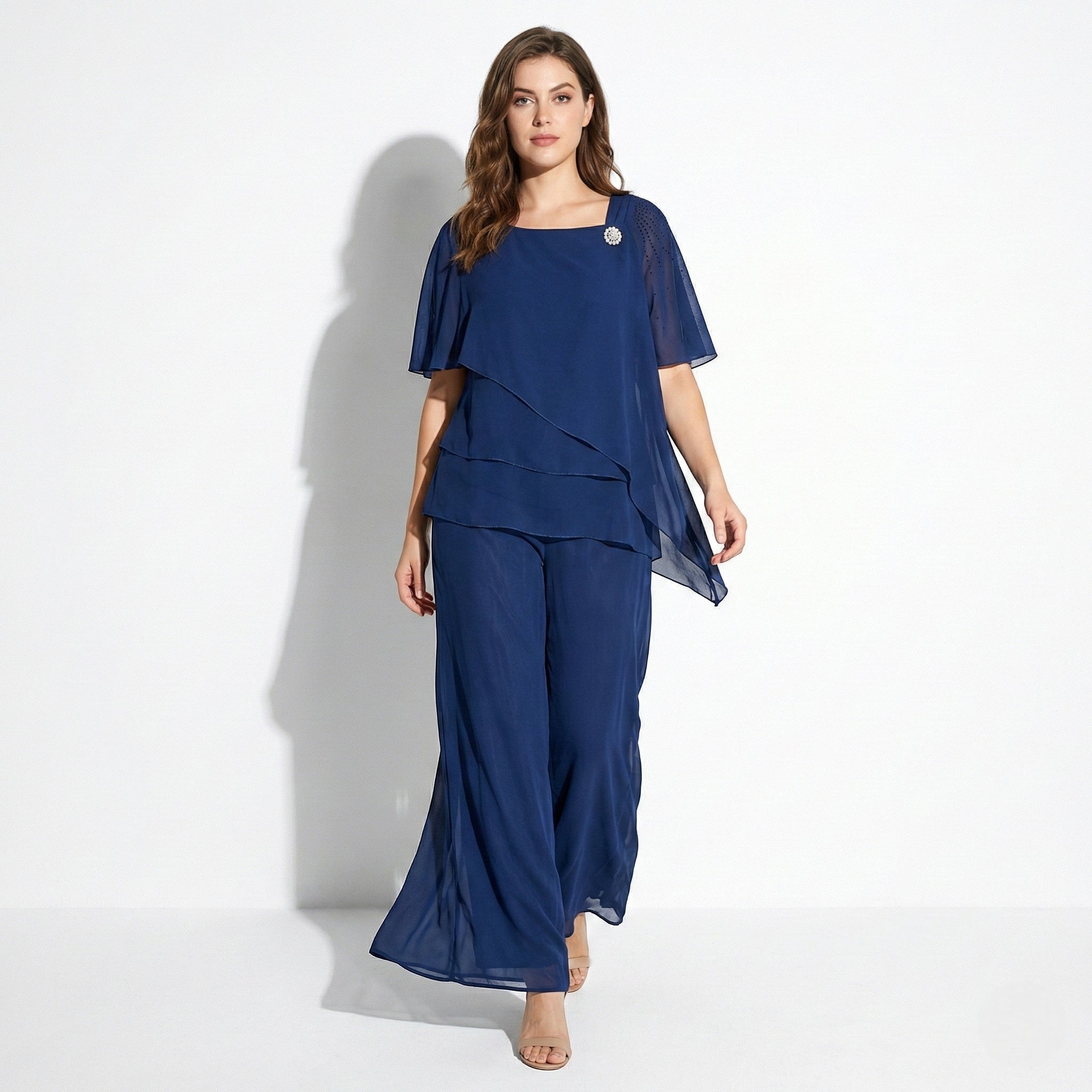 Maeve - Women's Two - Piece Set with Tiered Top and Wide - Leg Trousers - Sets - Navy Blue - Jones & Smith