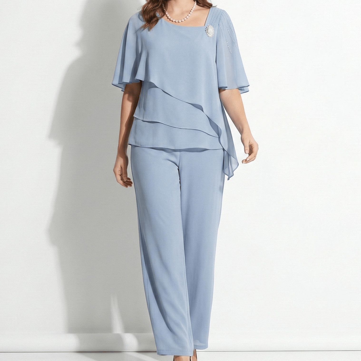 Maeve - Women's Two - Piece Set with Tiered Top and Wide - Leg Trousers - Sets - Blue - Jones & Smith
