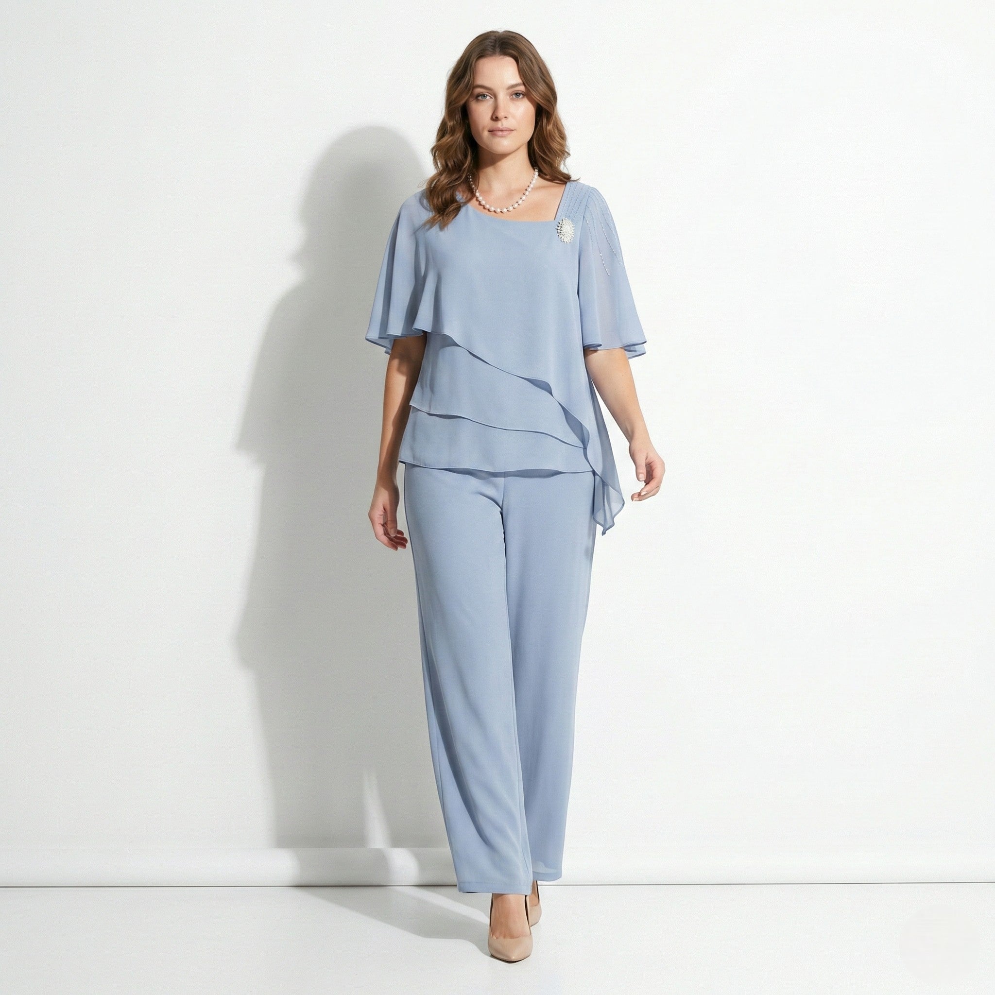 Maeve - Women's Two - Piece Set with Tiered Top and Wide - Leg Trousers - Sets - Blue - Jones & Smith