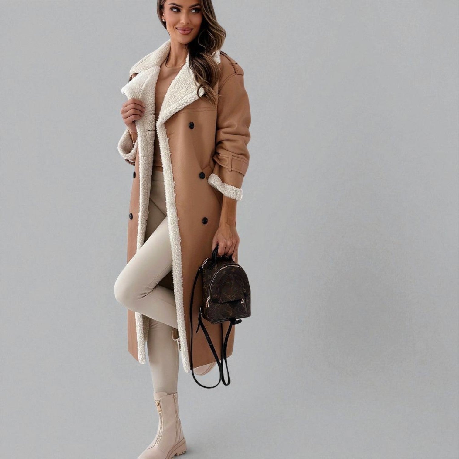 Mara – Long Teddy Winter Coat with Belt - Winter coat - Apricot - Jones & Smith