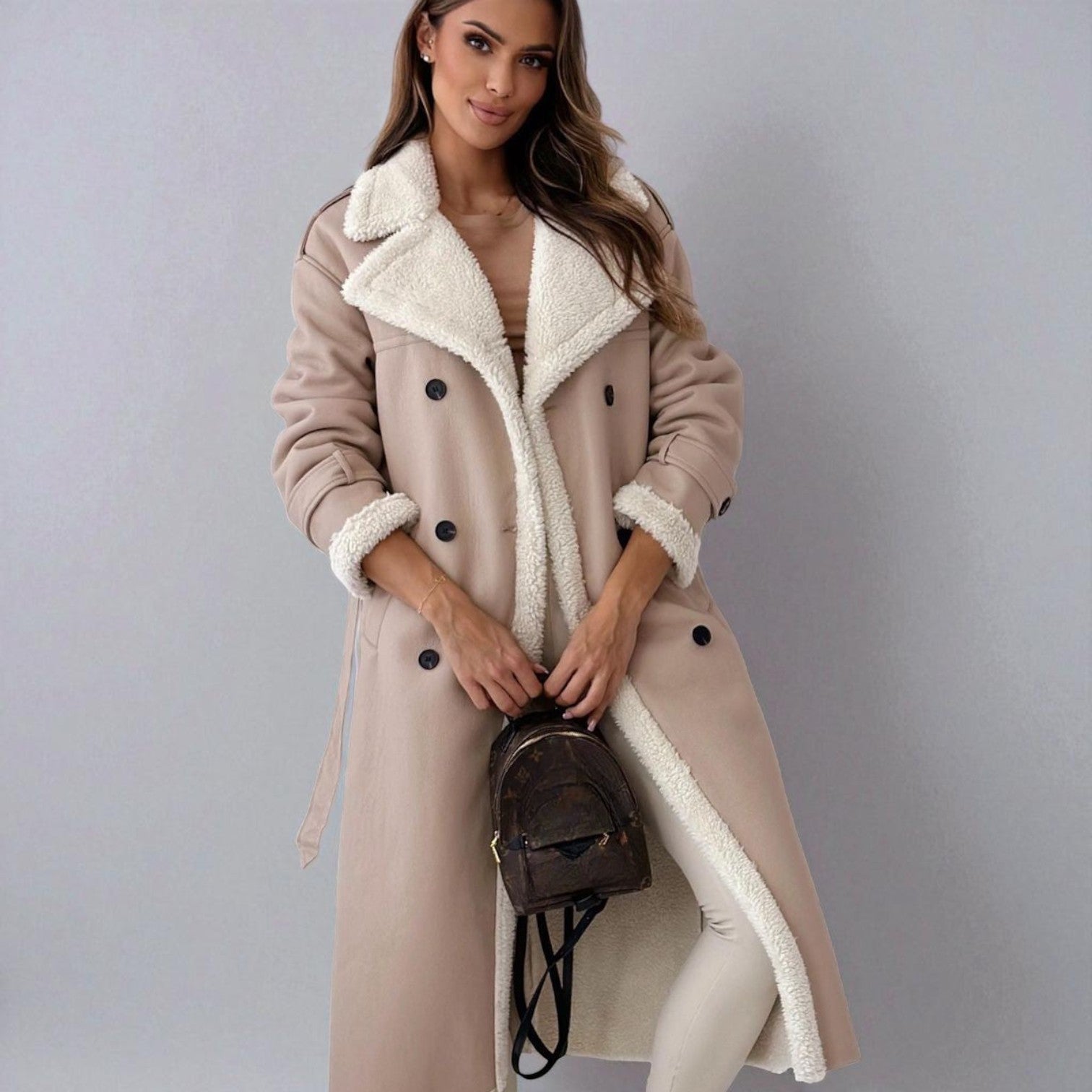 Mara – Long Teddy Winter Coat with Belt - Winter coat - Khaki - Jones & Smith