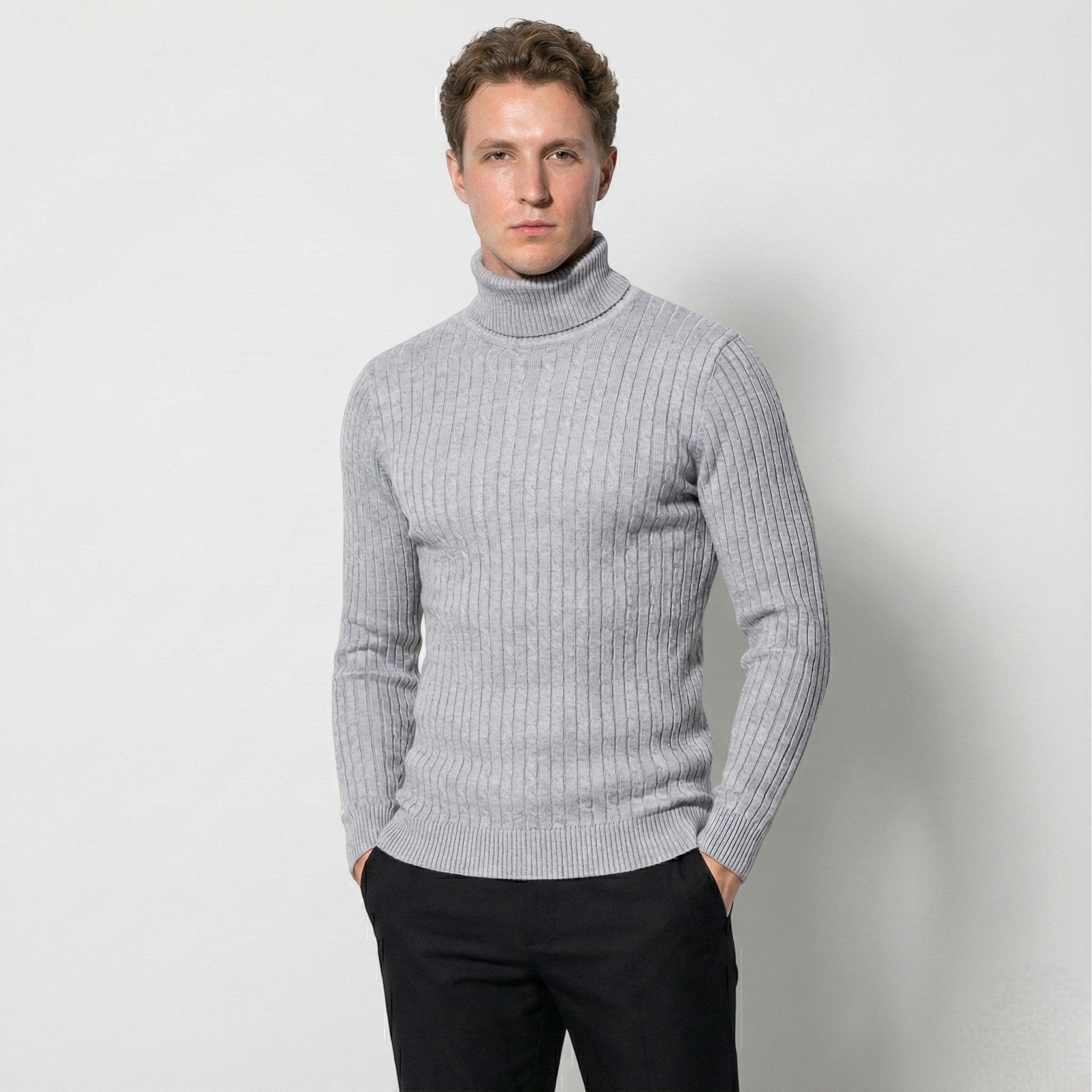Men's Cable Knit Turtleneck Sweater Made of Wool - Sweaters - Light Grey - Jones & Smith
