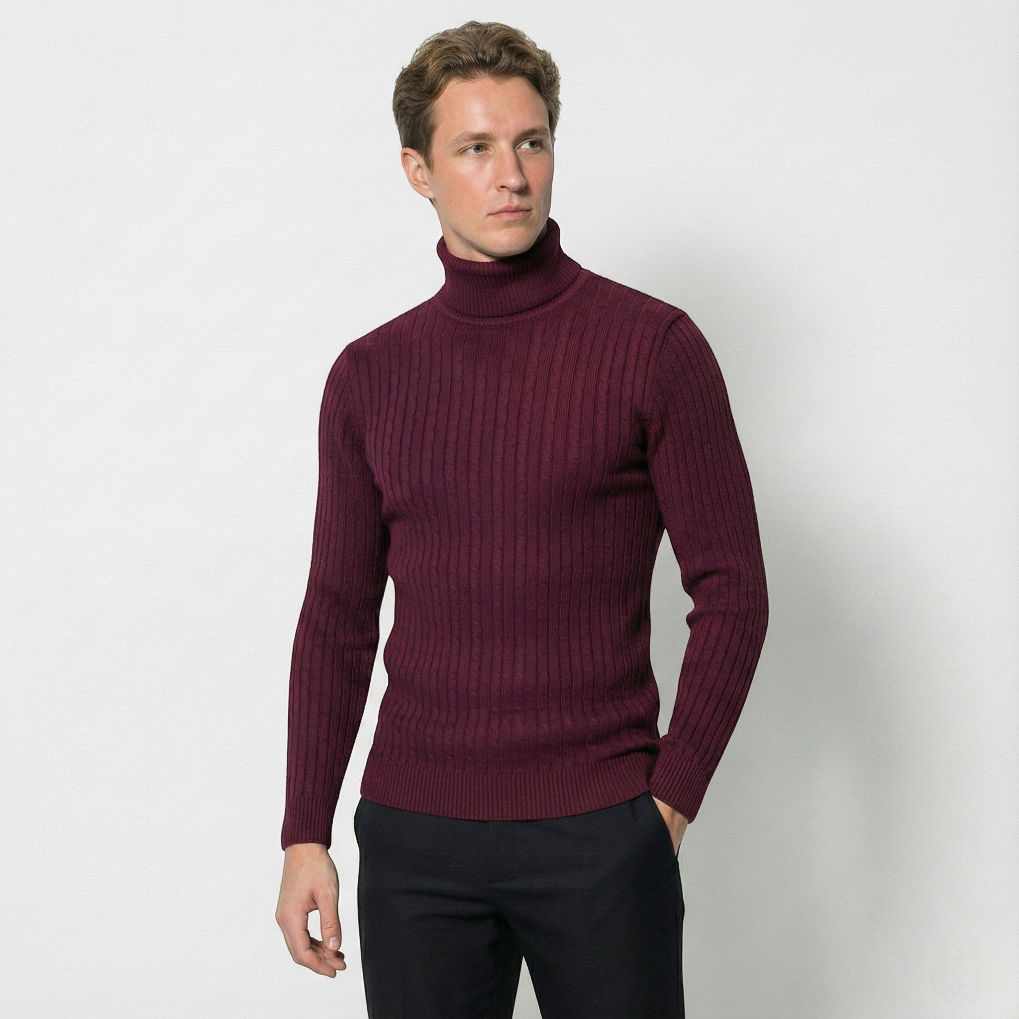 Men's Cable Knit Turtleneck Sweater Made of Wool - Sweaters - Red - Jones & Smith