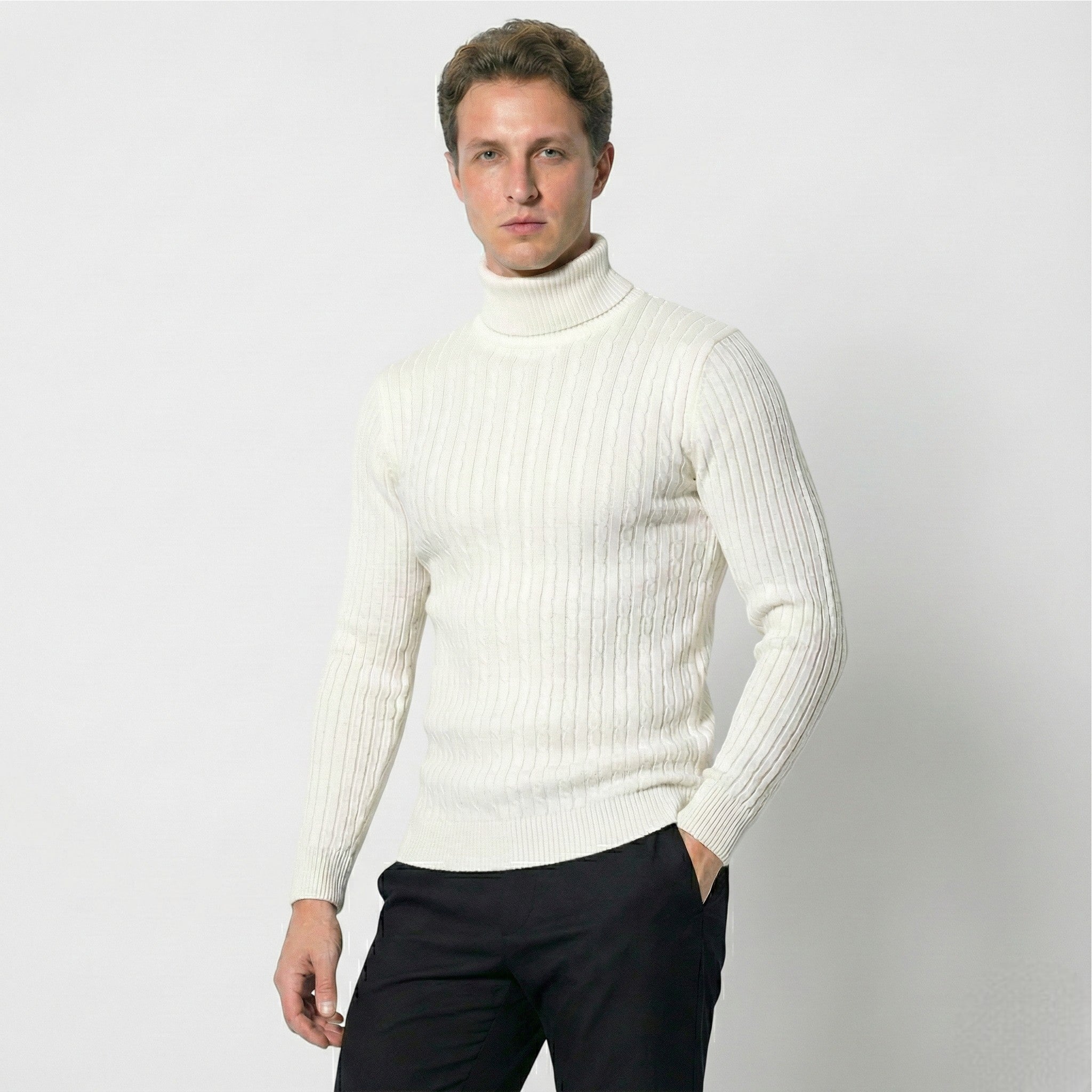Men's Cable Knit Turtleneck Sweater Made of Wool - Sweaters - White - Jones & Smith