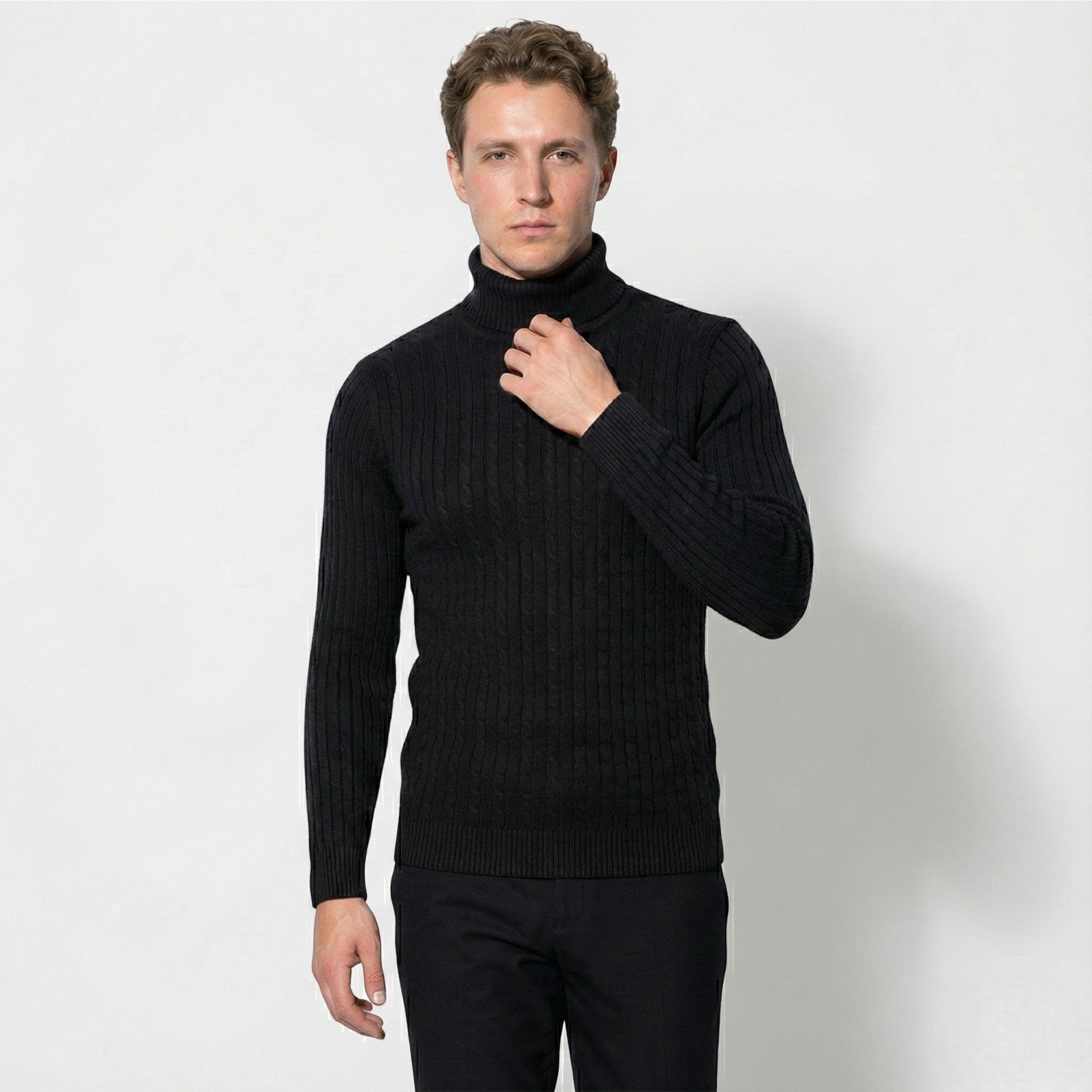Men's Cable Knit Turtleneck Sweater Made of Wool - Sweaters - Black - Jones & Smith