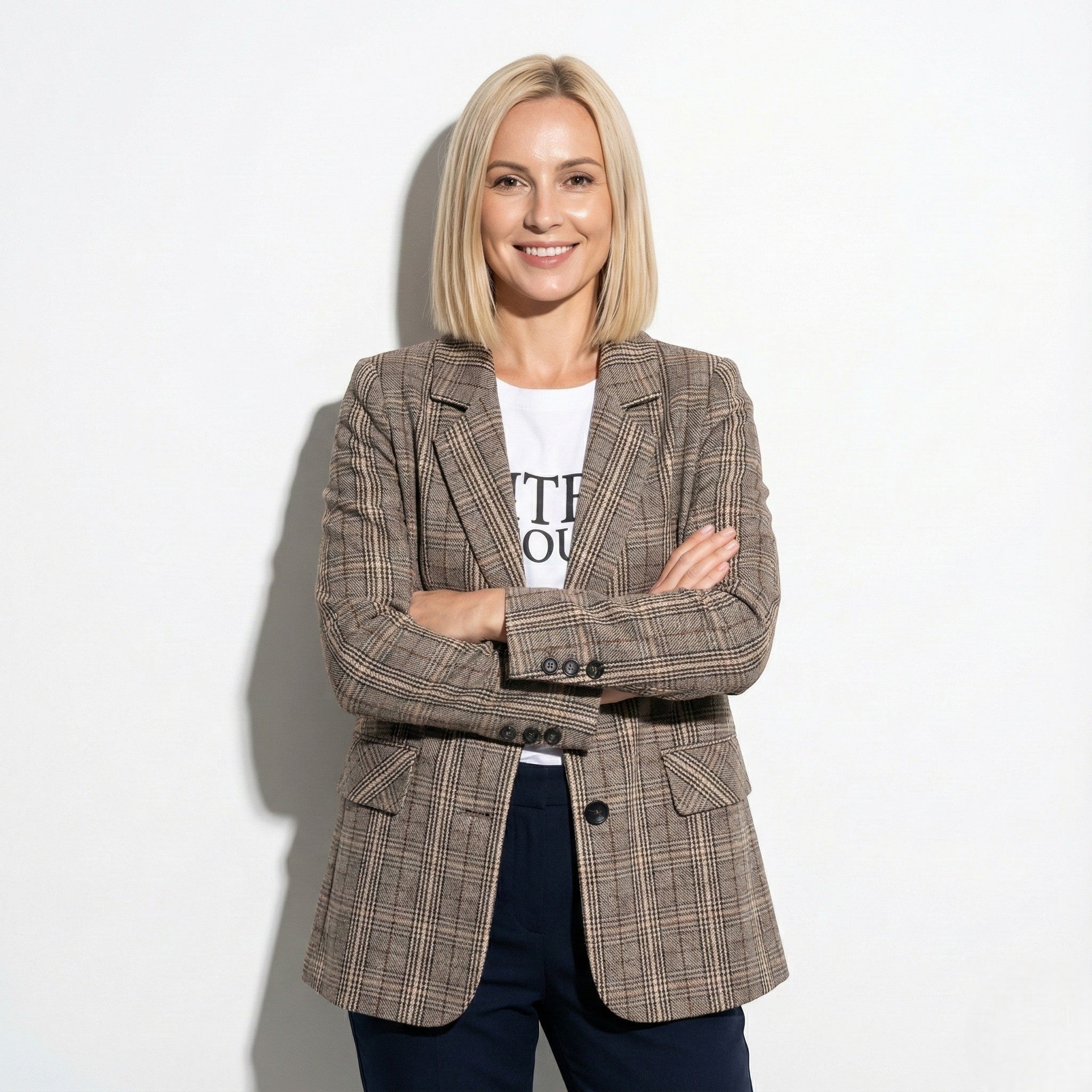 Mia - Women's Elegant Plaid Blazer with Front Pockets - Jackets & Blazers - M - Jones & Smith