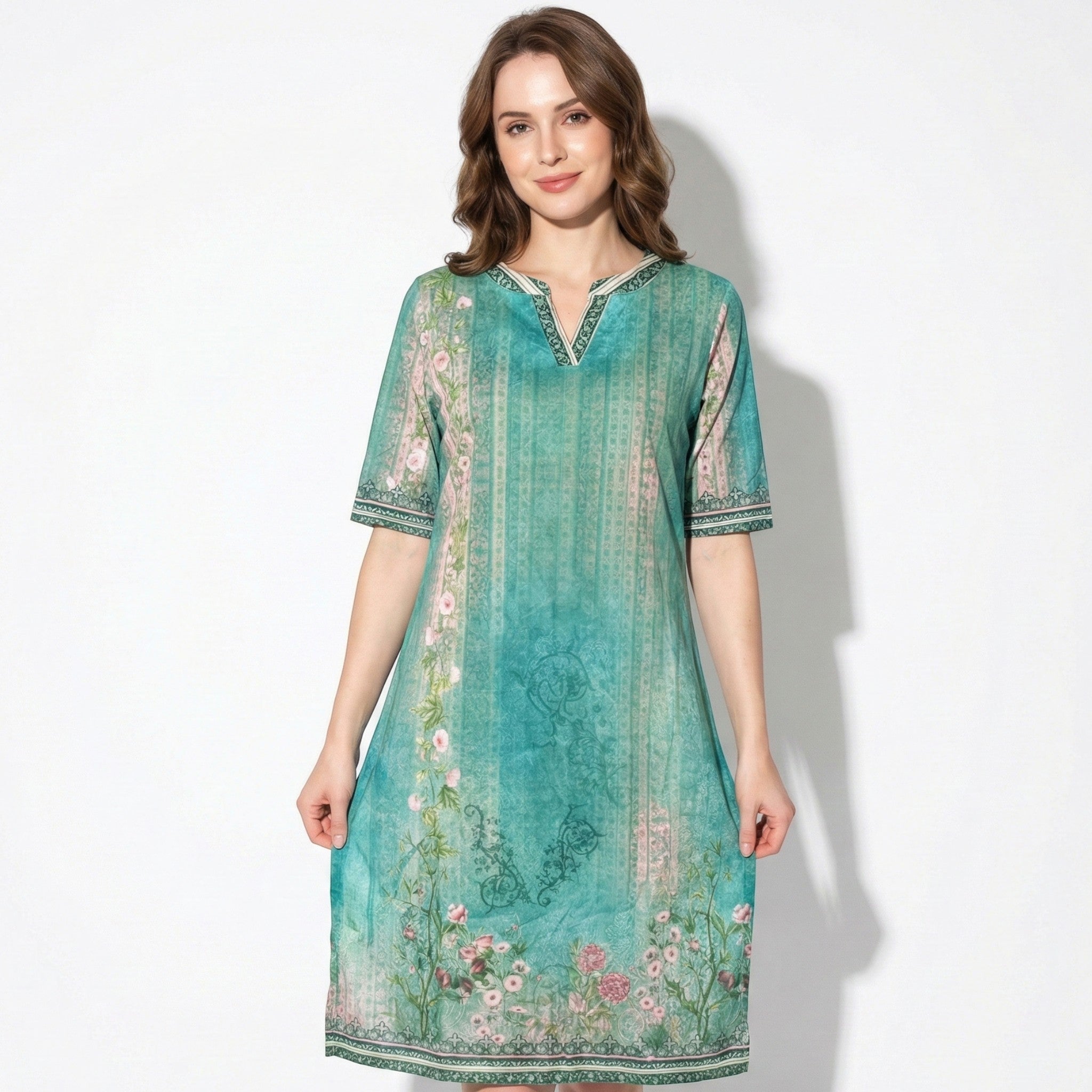 Mia - Women's Floral Midi Dress with V - Neck and Short Sleeves - Dress - Green - Jones & Smith